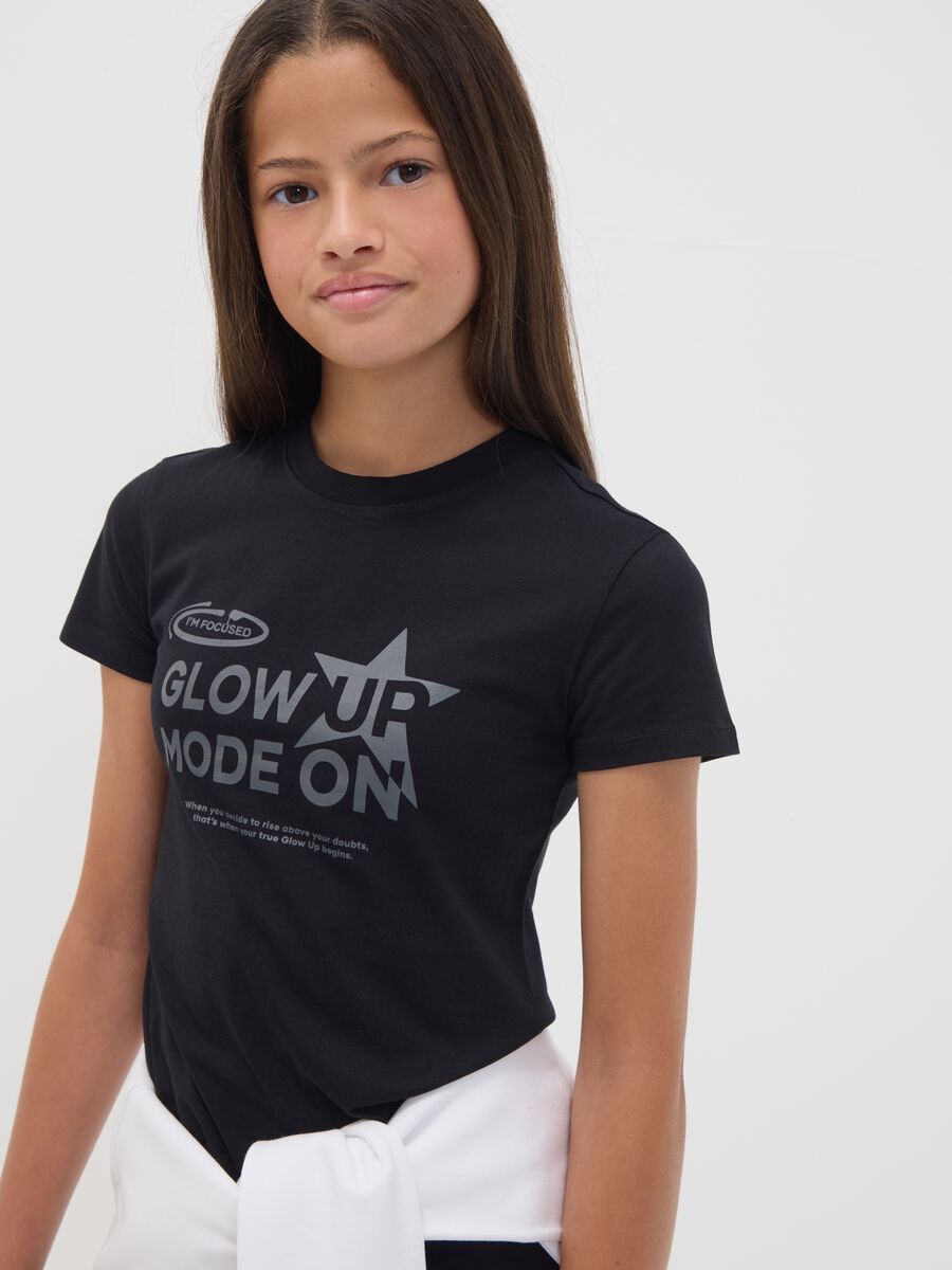 Black organic cotton T-shirt with silver graphic for girls_2