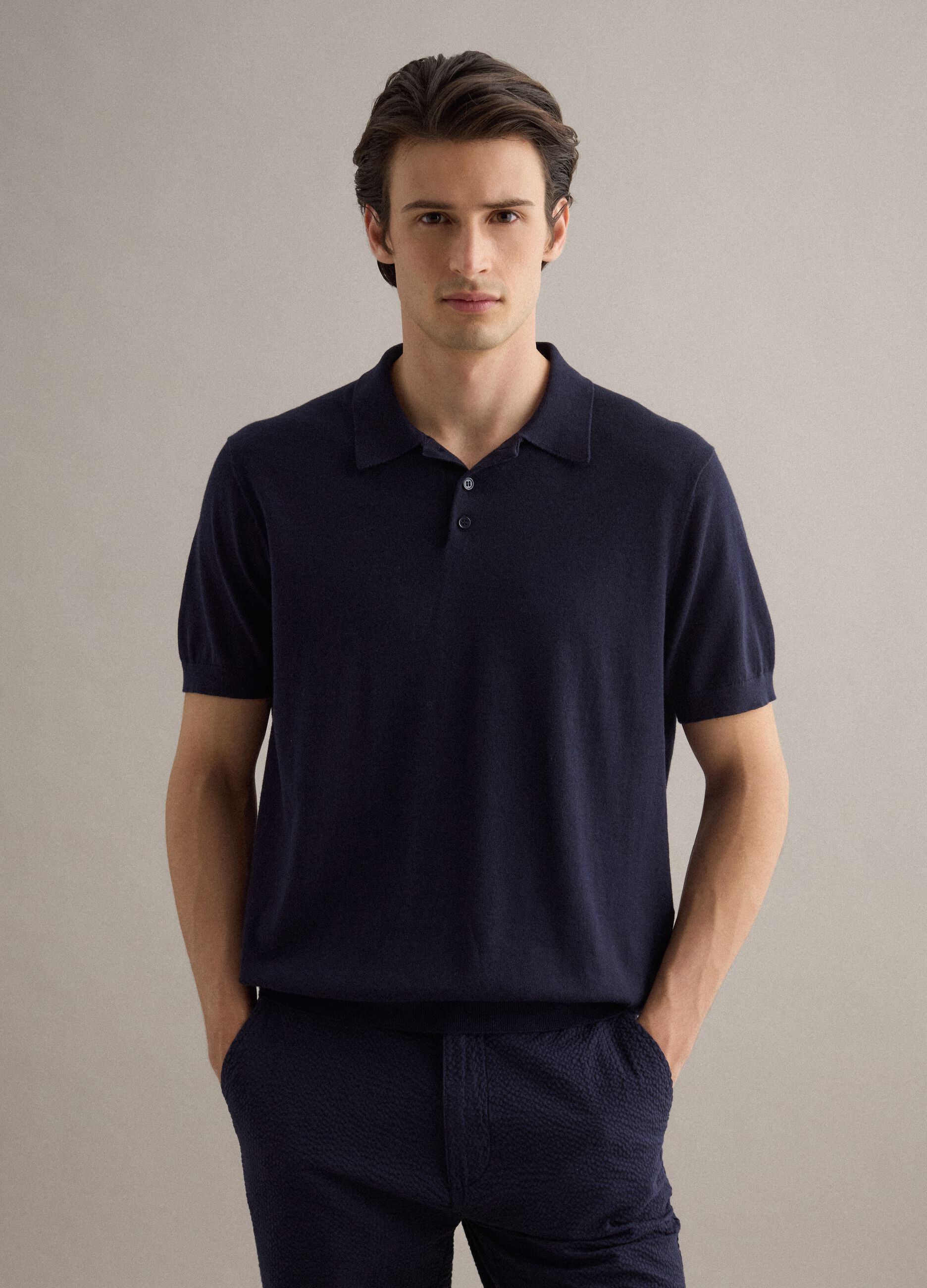 Regular fit blue polo in cotton, linen and silk blend