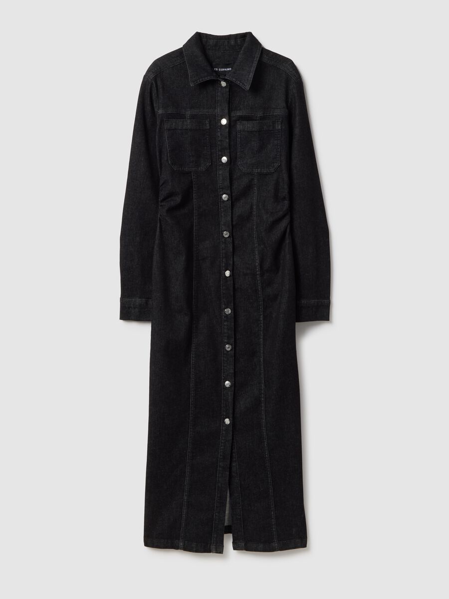 Abito lungo fitted in cotone elasticizzato nero con bottoni_4