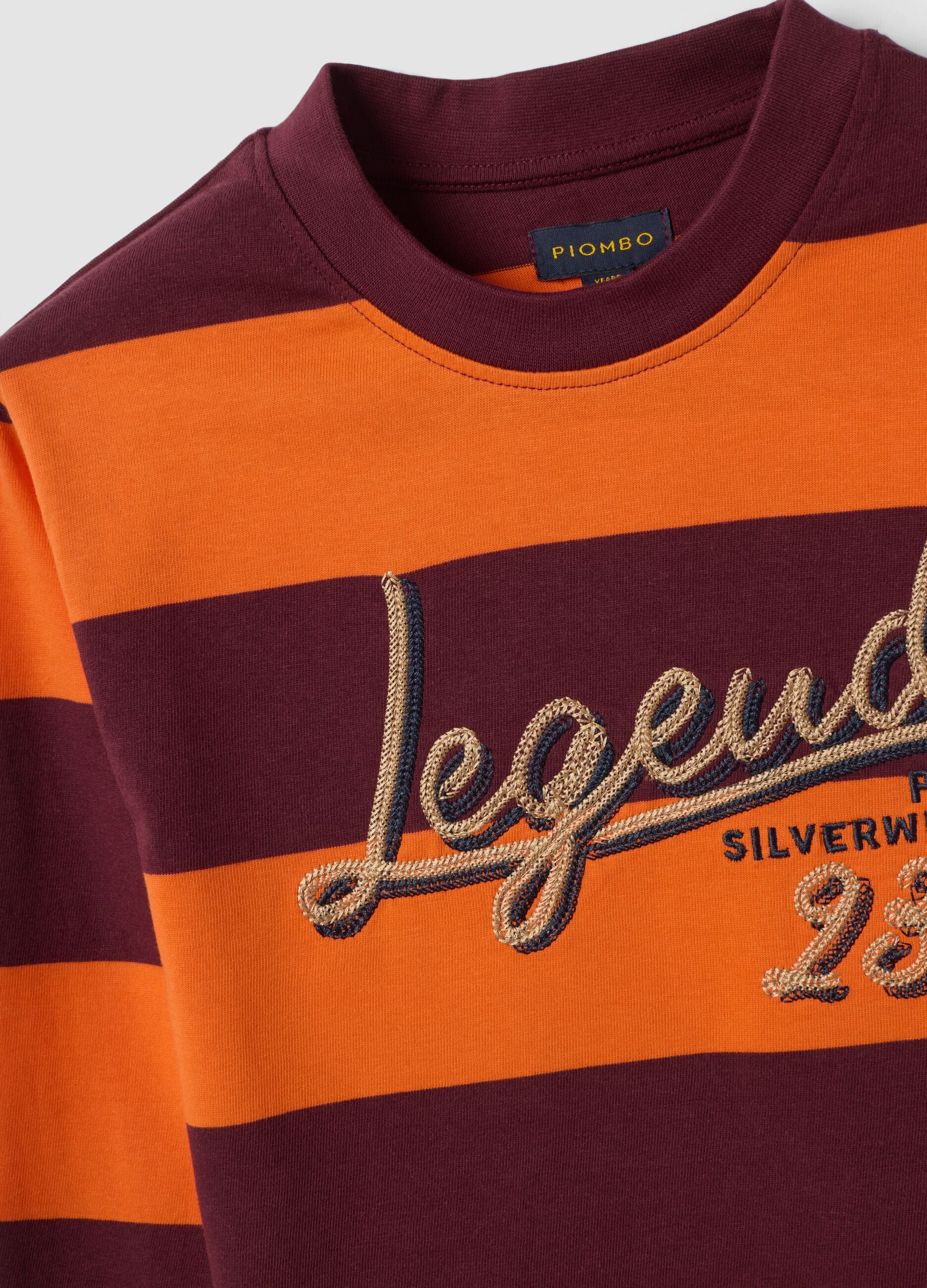 Orange striped pure cotton crew-neck T-shirt