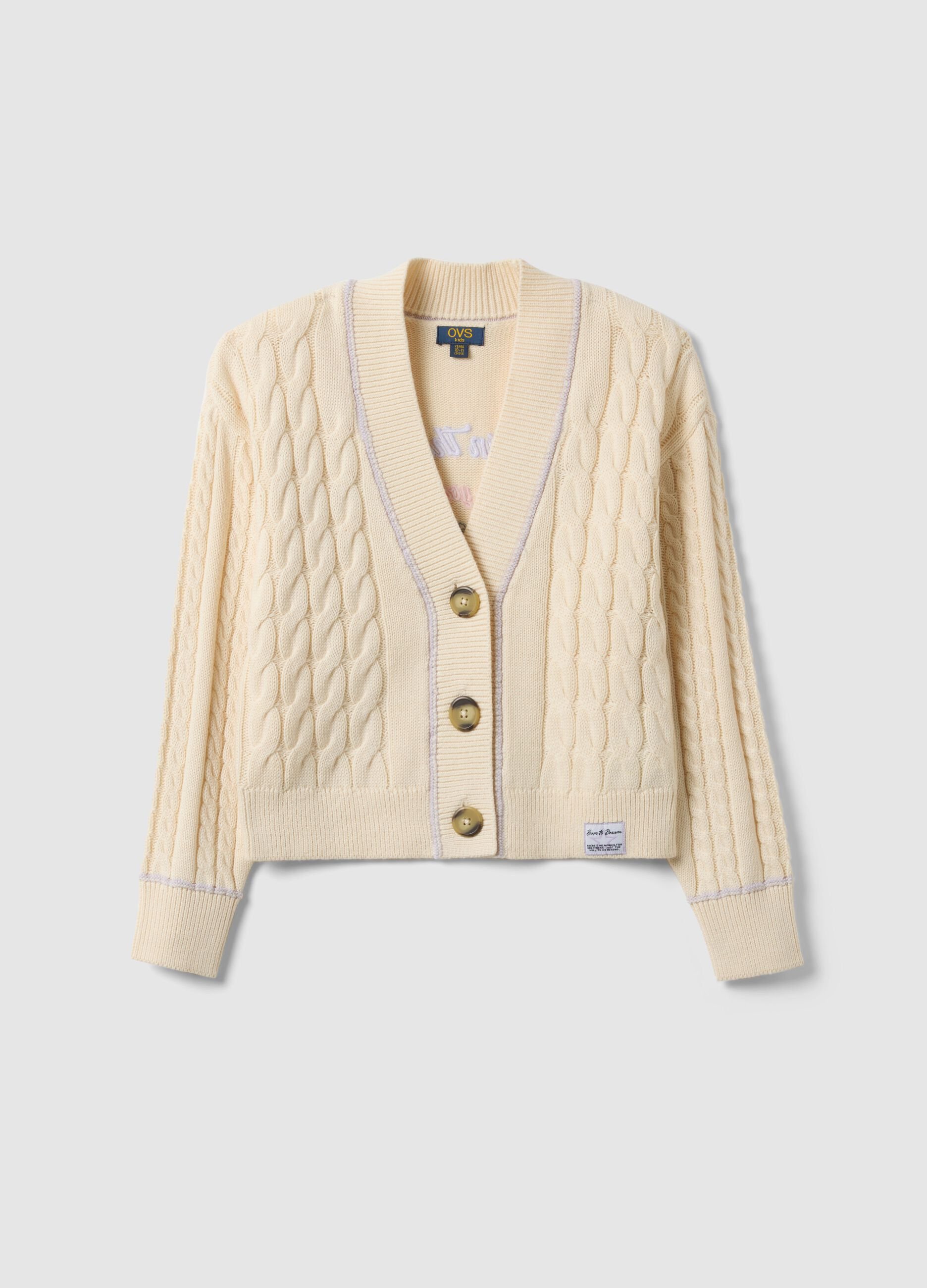 Beige cotton blend woven cardigan for girls with oversized fit