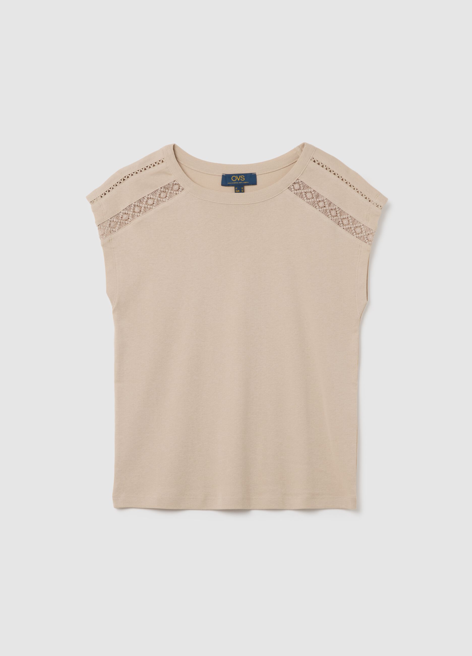 Women's beige pure cotton regular fit T-shirt with lace