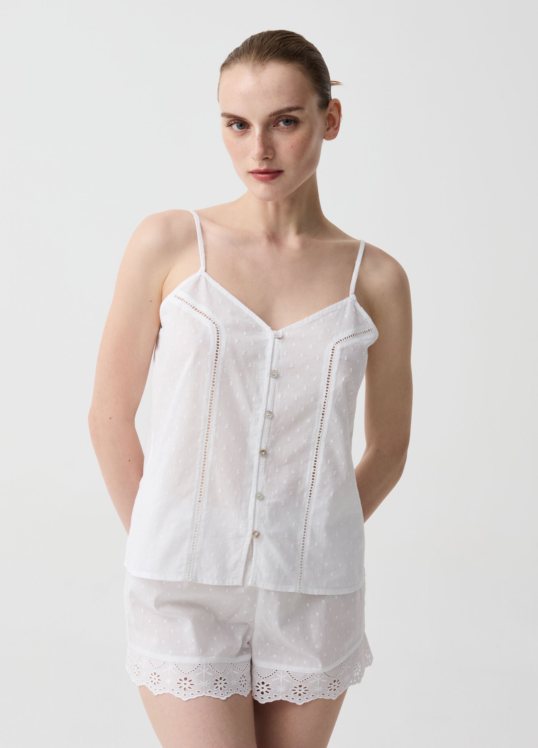 Ovs Shorts pigiama in cotone dobby con sangallo
