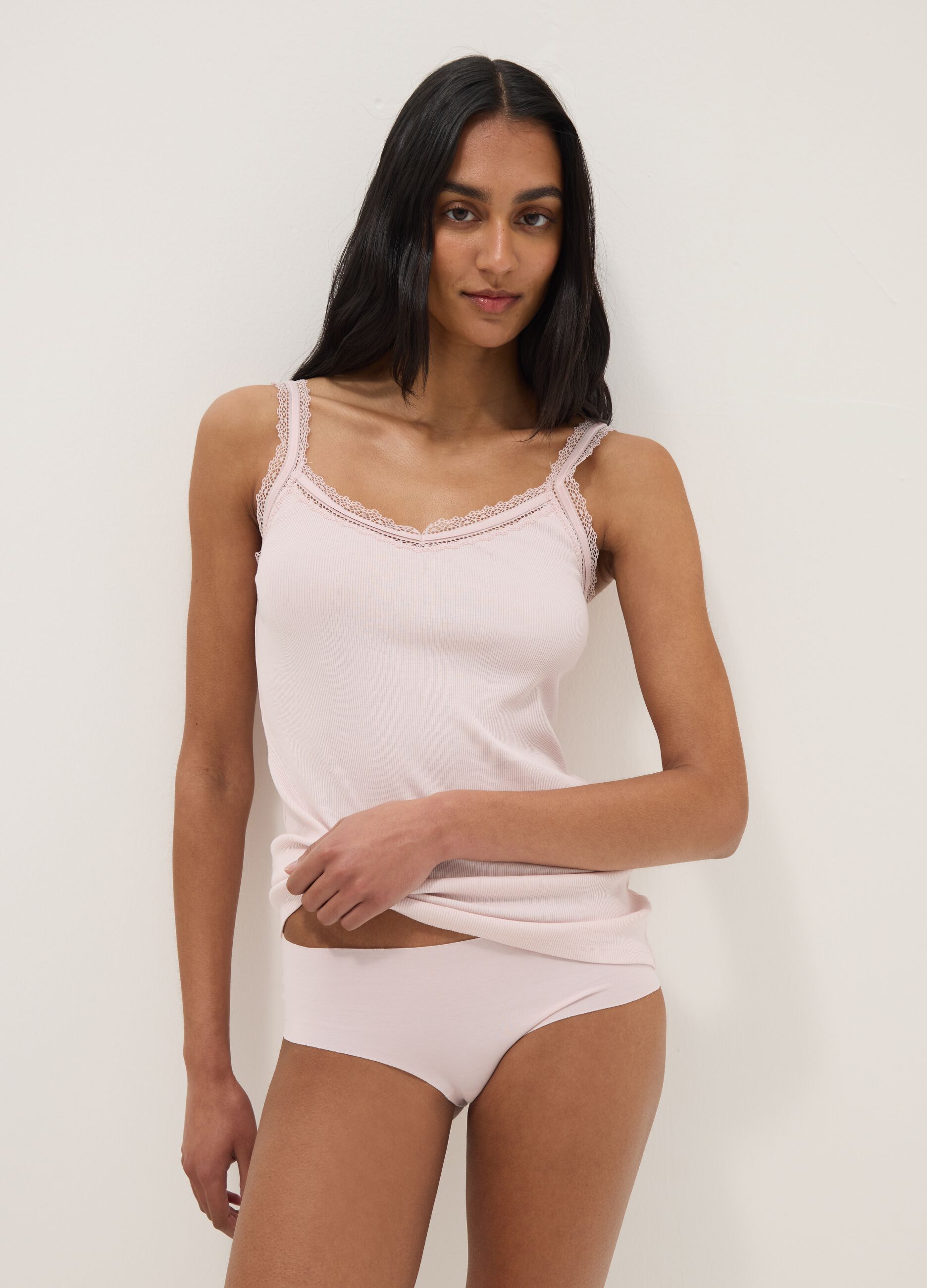 Canottiera in puro cotone rosa regular fit con bordo in pizzo