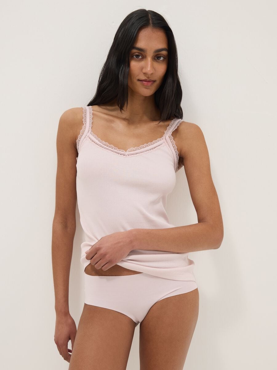 Canottiera in puro cotone rosa regular fit con bordo in pizzo_0
