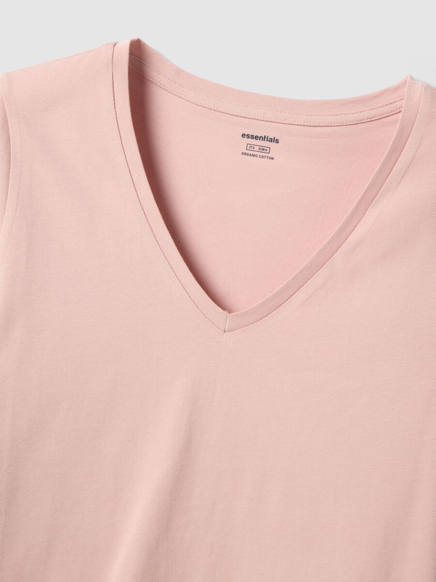 T-shirt in puro cotone rosa regular fit con scollo a V_5