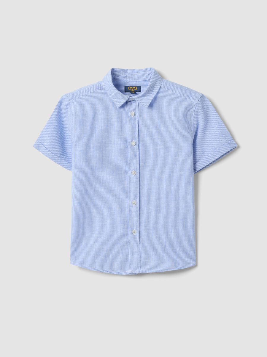 Camicia azzurra a righe in misto lino e cotone da bambino regular fit_0