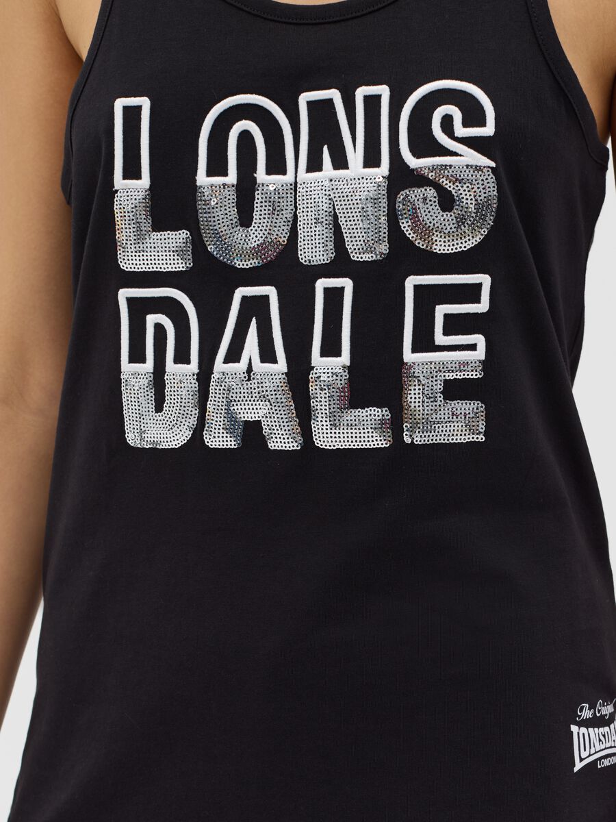 Black tank top in cotton with sequinned logo_2