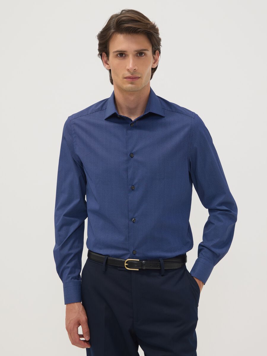 Camicia blu in popeline di cotone elasticizzato slim fit_0