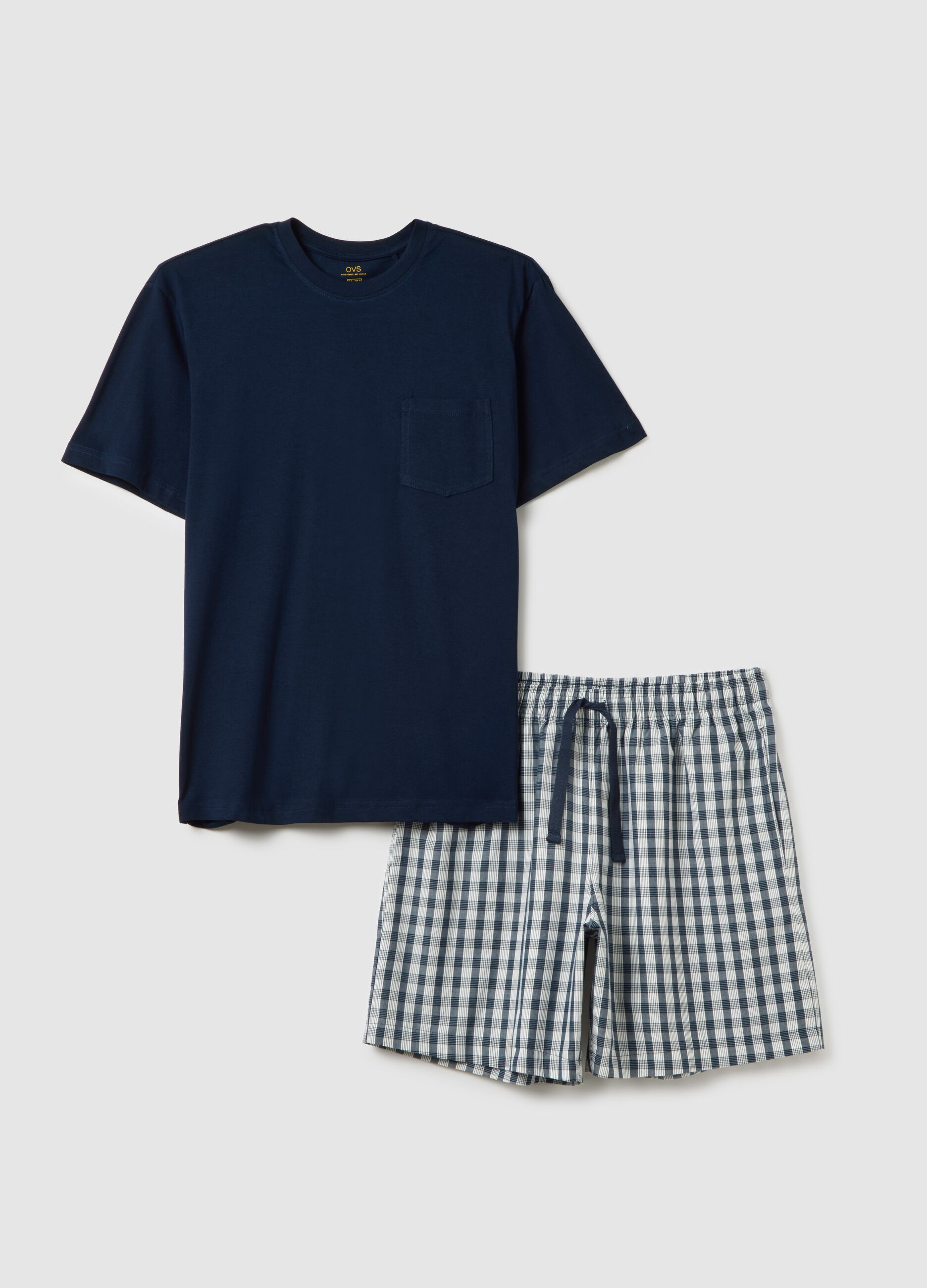 Men's blue pure cotton pyjama set, regular fit with checks