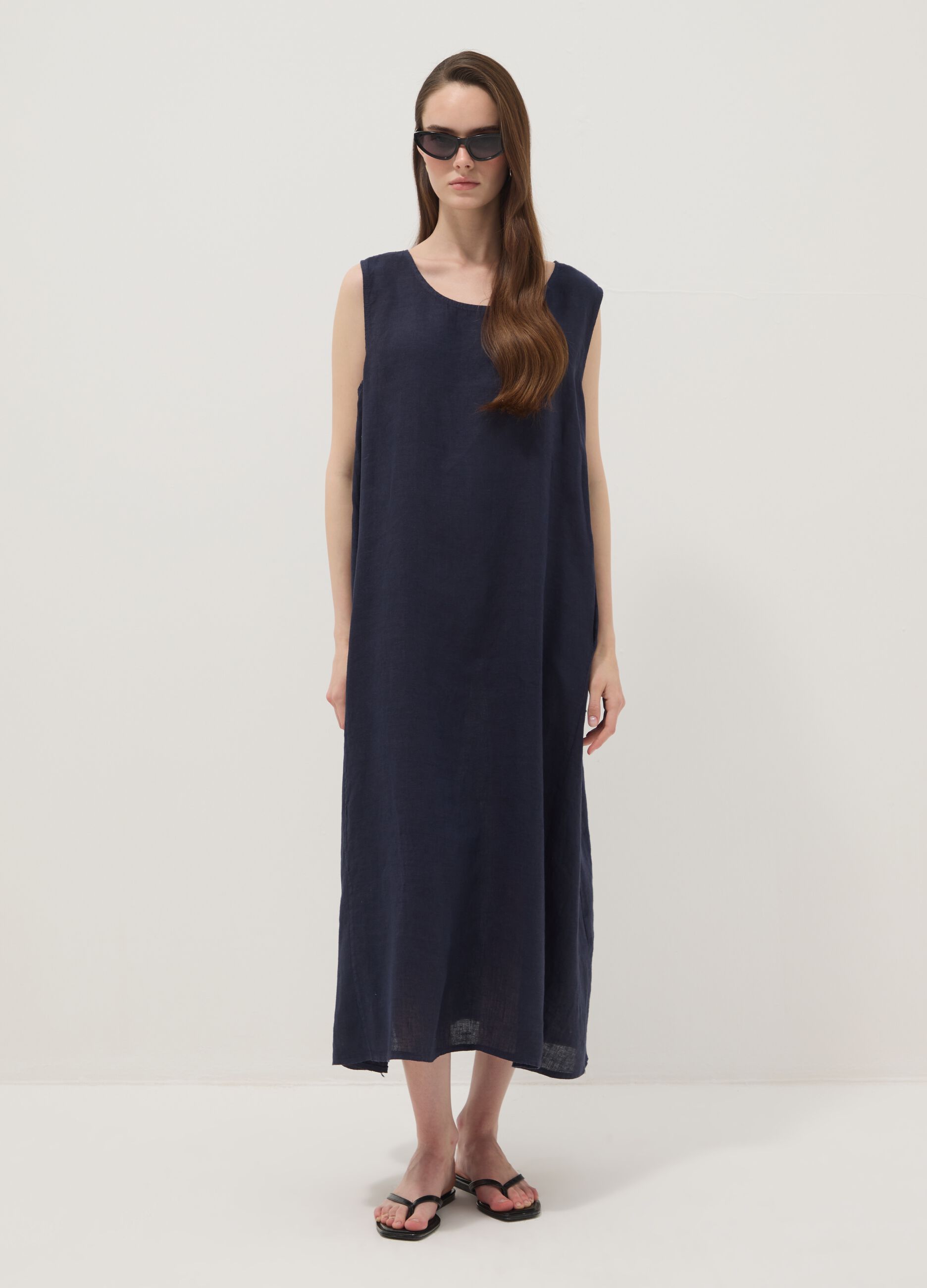 Long blue pure linen dress, regular fit