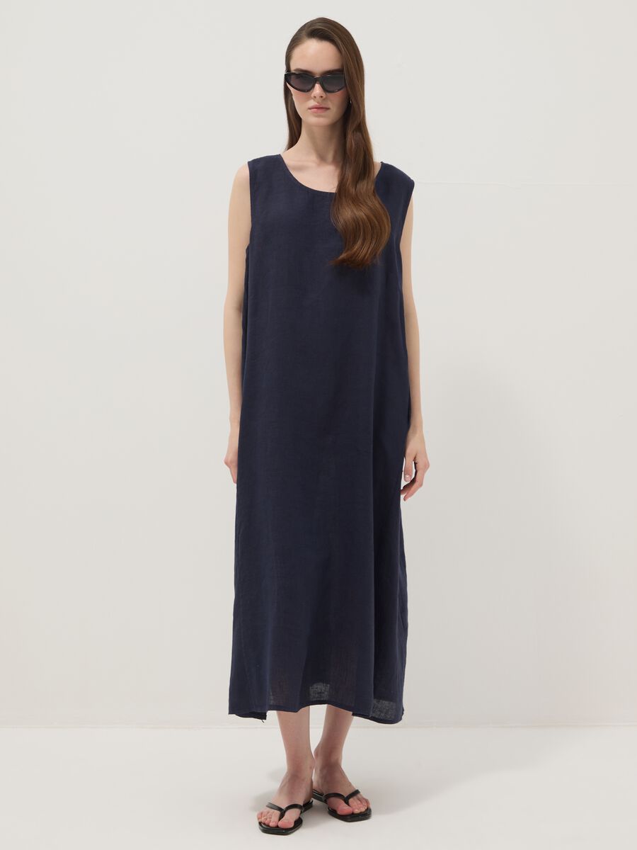 Abito blu lungo in puro lino regular fit_0