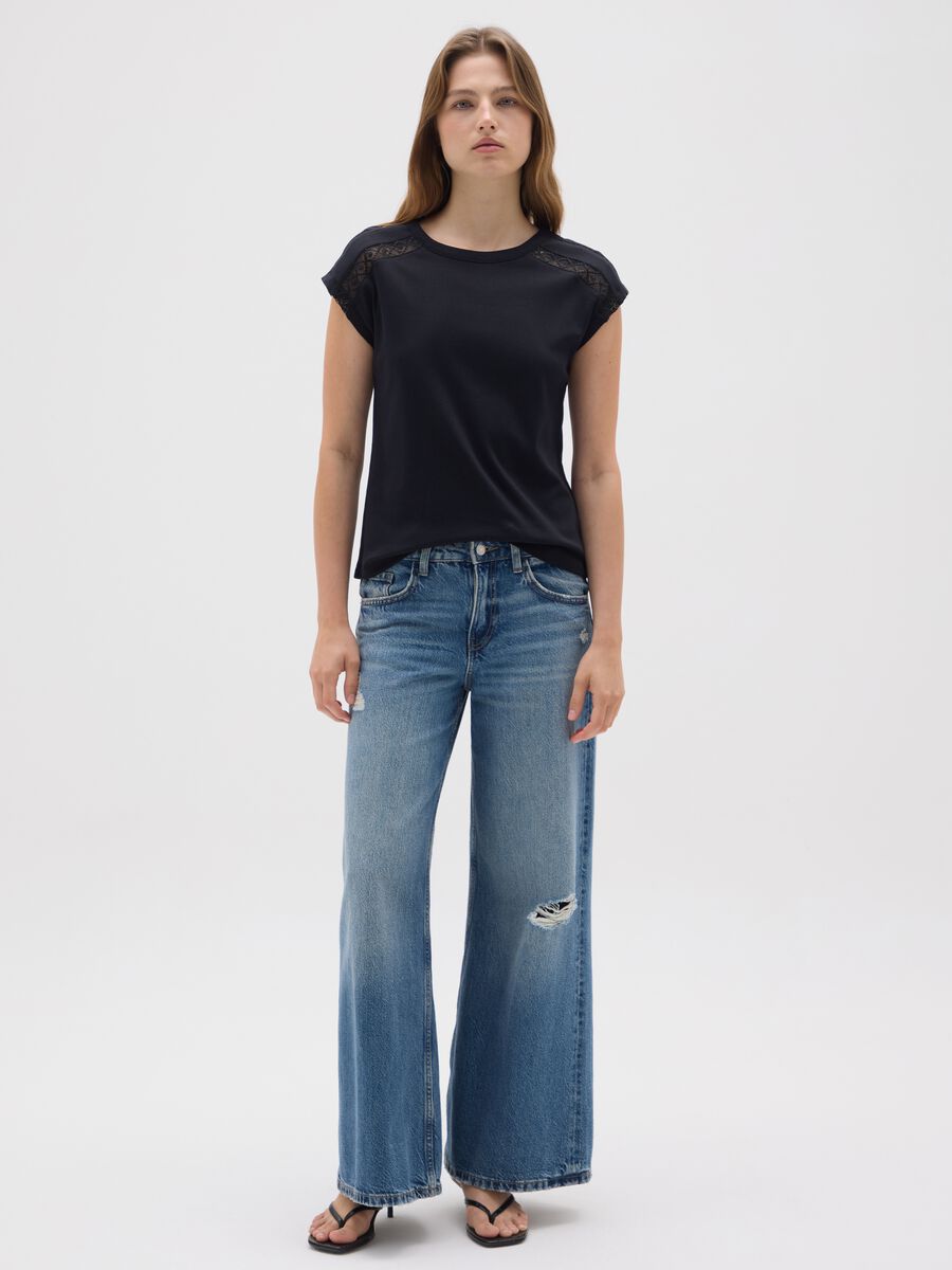 Black pure cotton women's t-shirt regular fit with lace_1