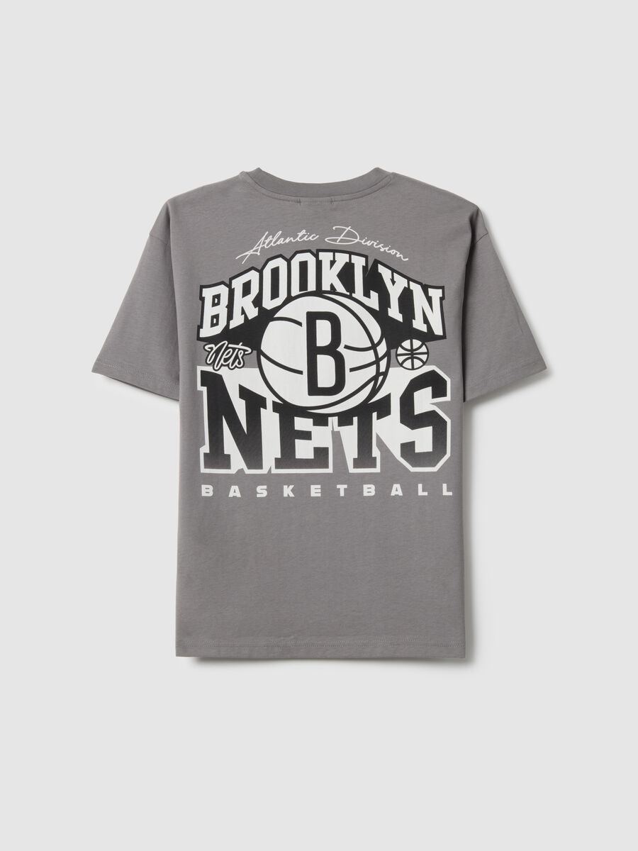 Grey over-fit pure cotton children's t-shirt with Brooklyn Nets logo_4