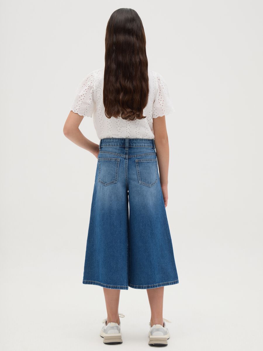 Girls' culotte jeans in pure blue denim cotton wide leg with five pockets_3