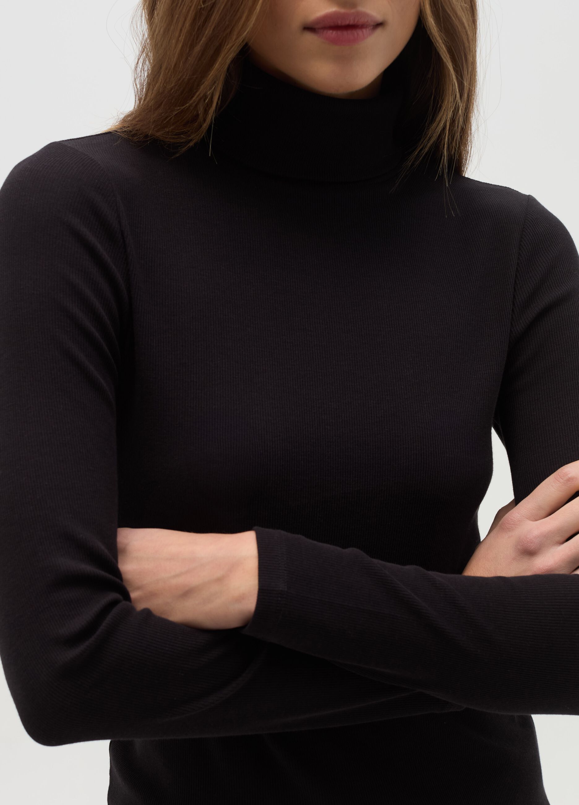 Stretch cotton and modal turtleneck jumper with ribbing
