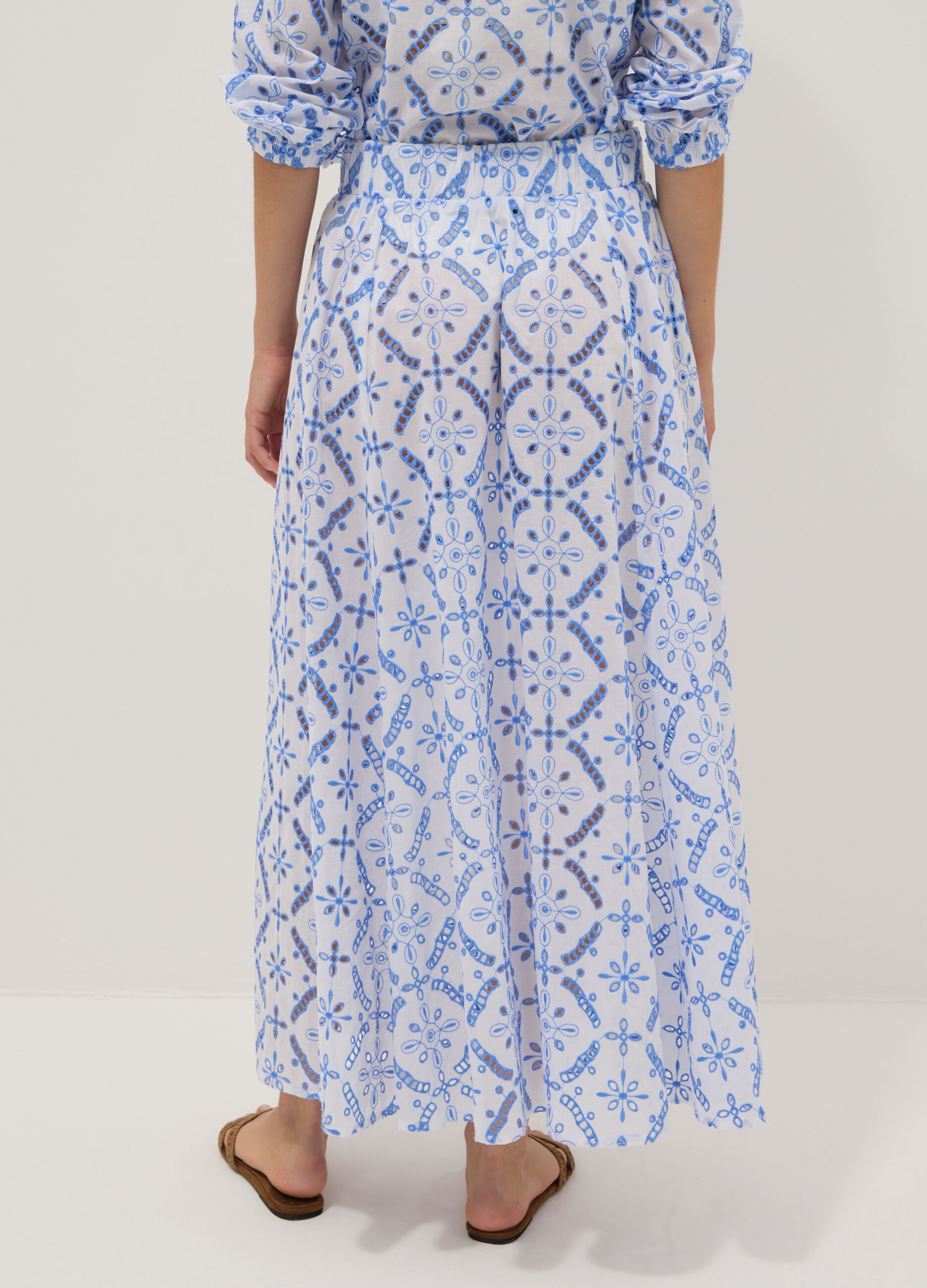 Blue organic cotton skirt with broderie anglaise embroidery