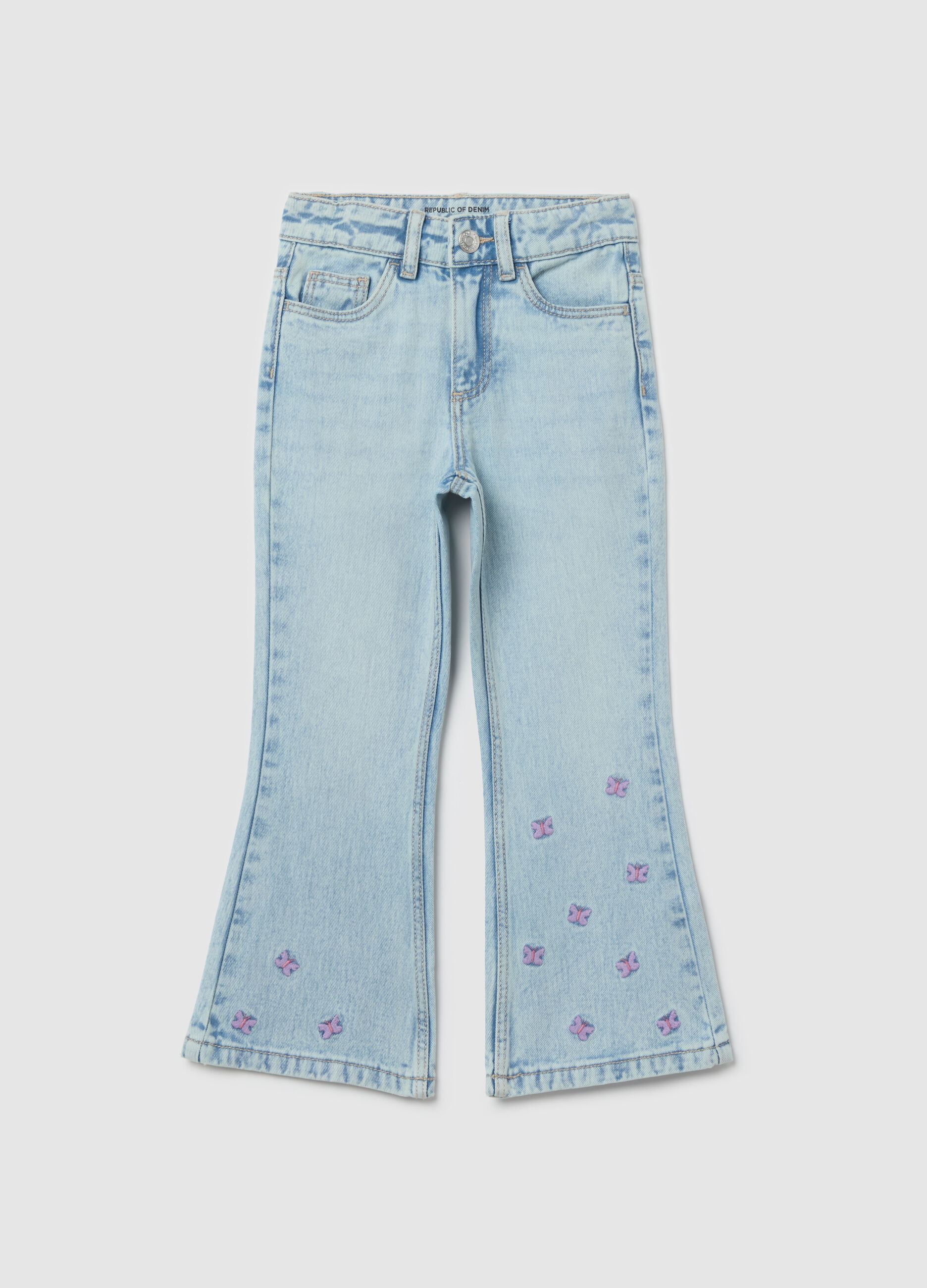 Flare-fit jeans with five pockets and butterflies embroidery