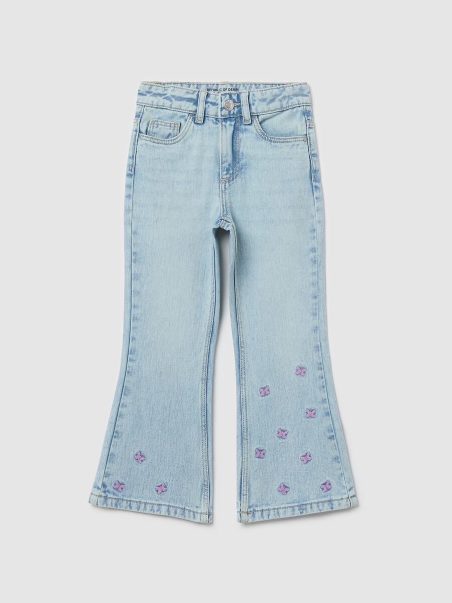 Flare-fit jeans with five pockets and butterflies embroidery_0