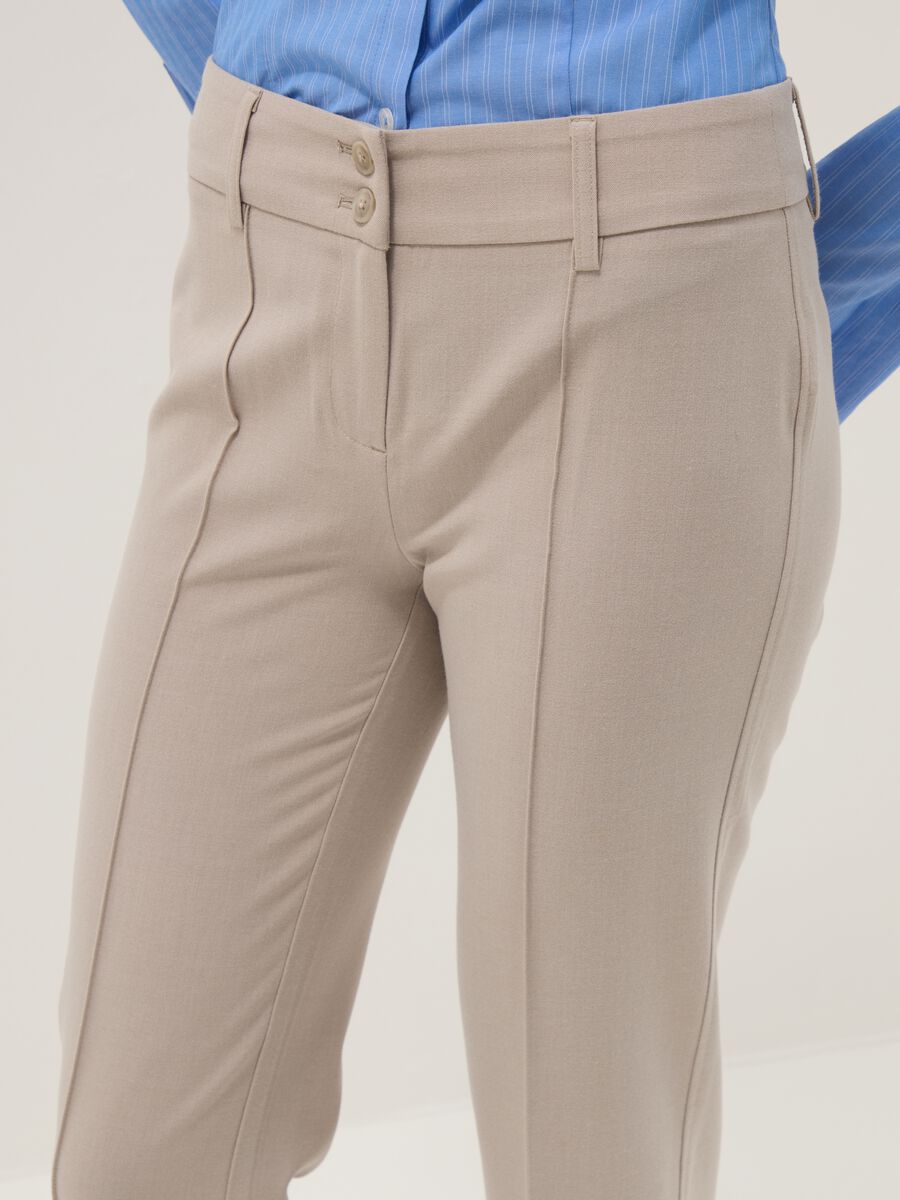 Beige stretch fabric flare fit trousers_3