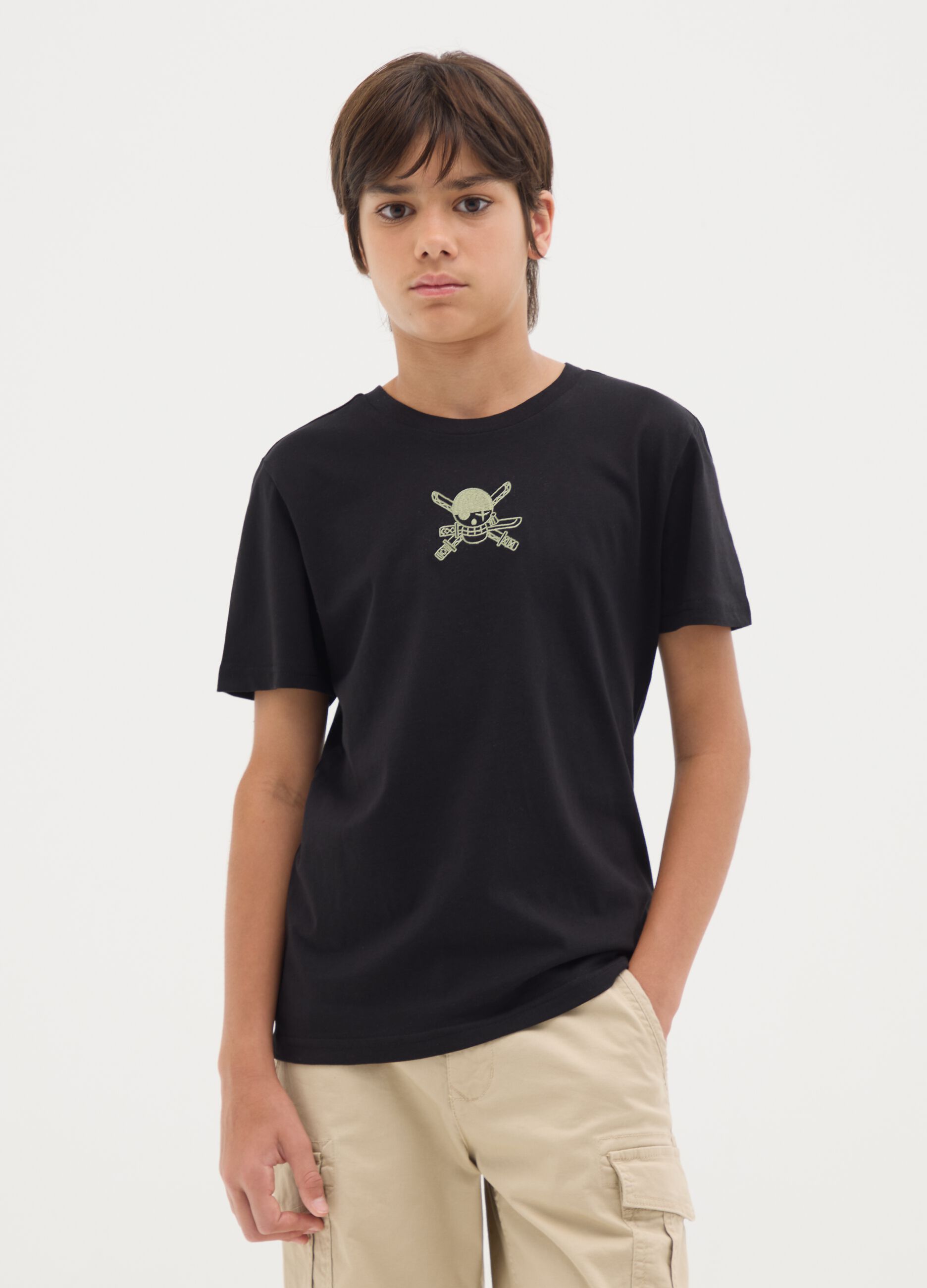 Children's T-shirt in pure black cotton with One Piece print