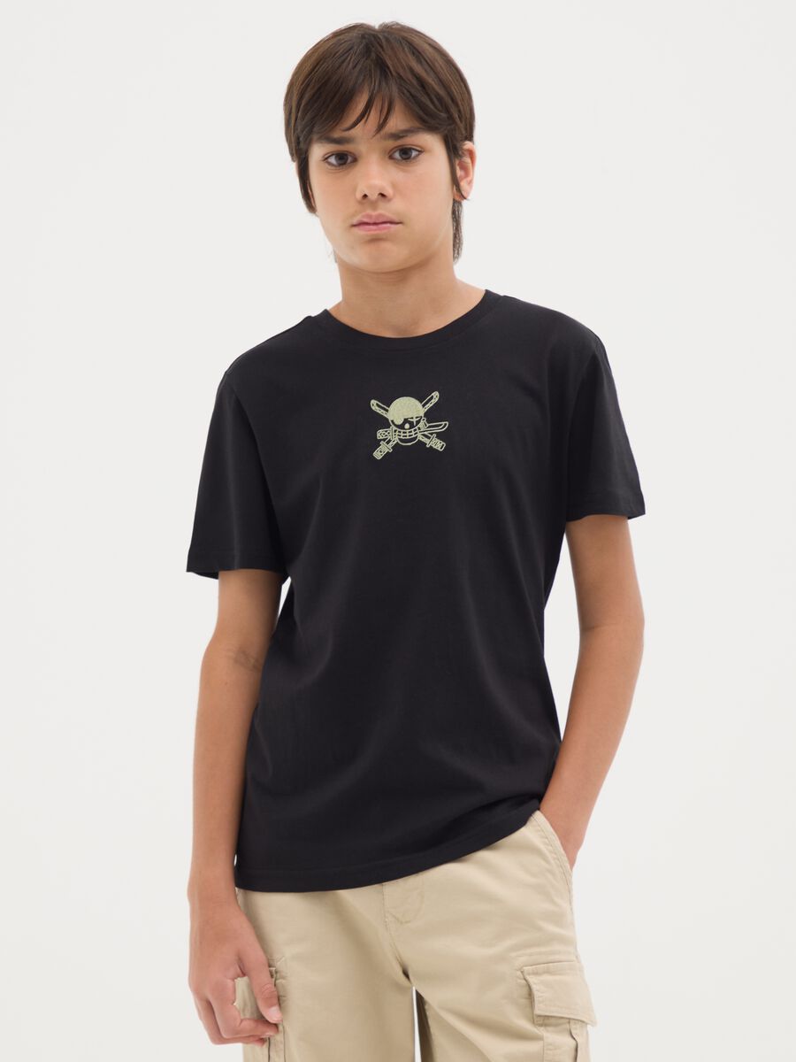 Children's T-shirt in pure black cotton with One Piece print_0