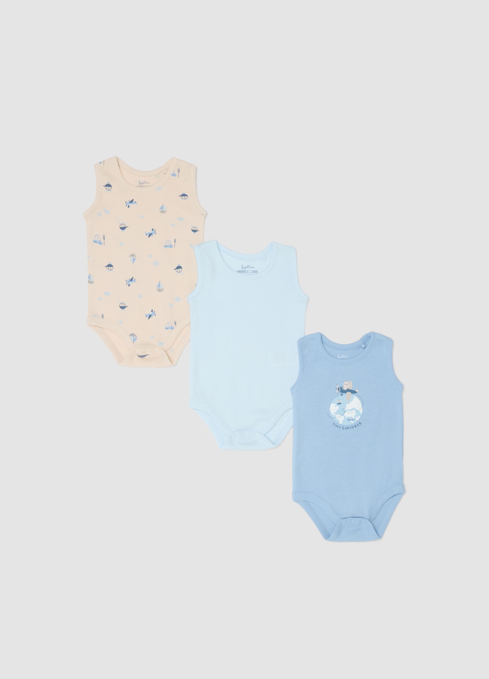 Three-pack sleeveless bodysuits in multicolour pure cotton for newborns