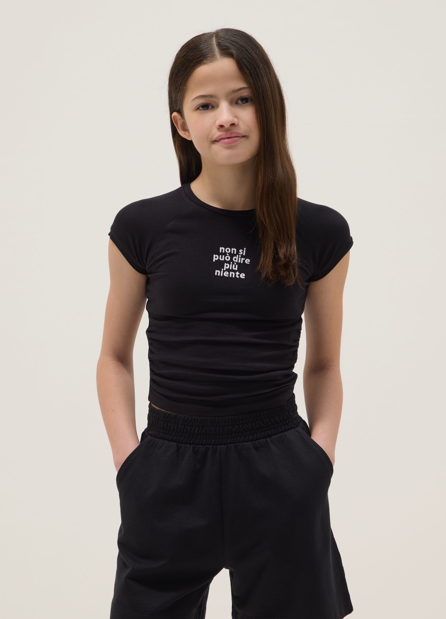 Girls' black stretch cotton slim fit t-shirt with slogan