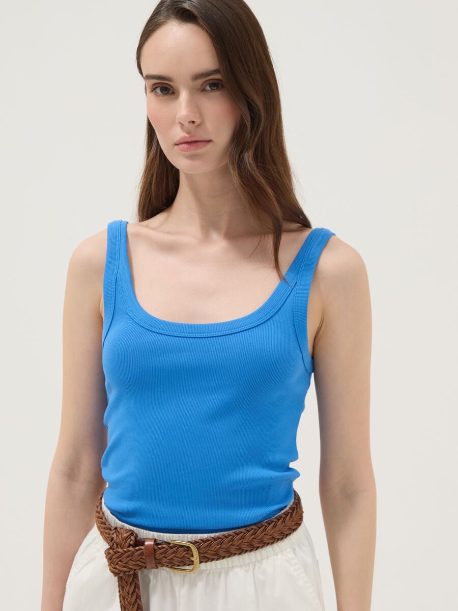 Blue fitted stretch cotton vest top_1
