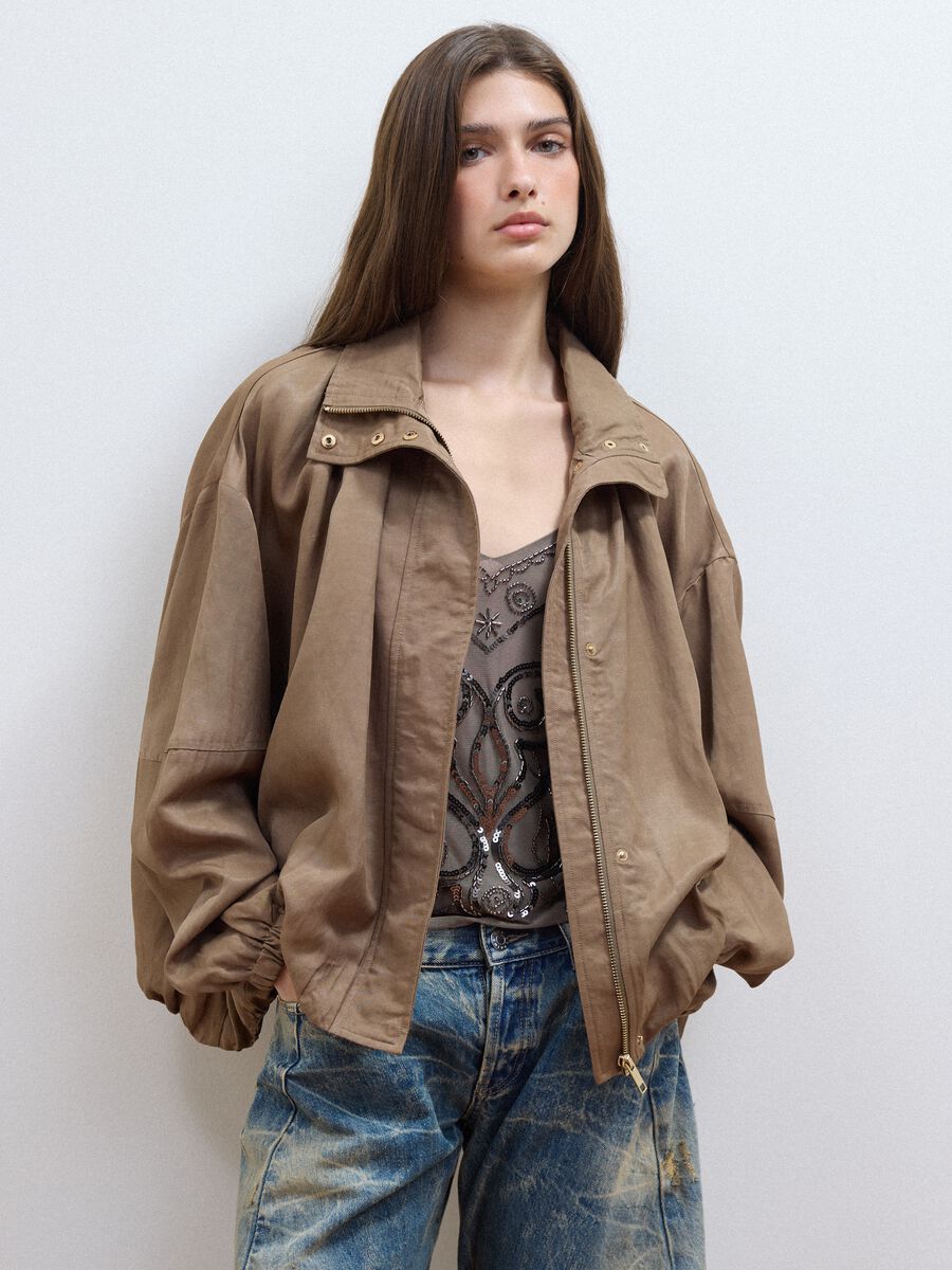 Brown regular-fit jacket in viscose and linen blend_0