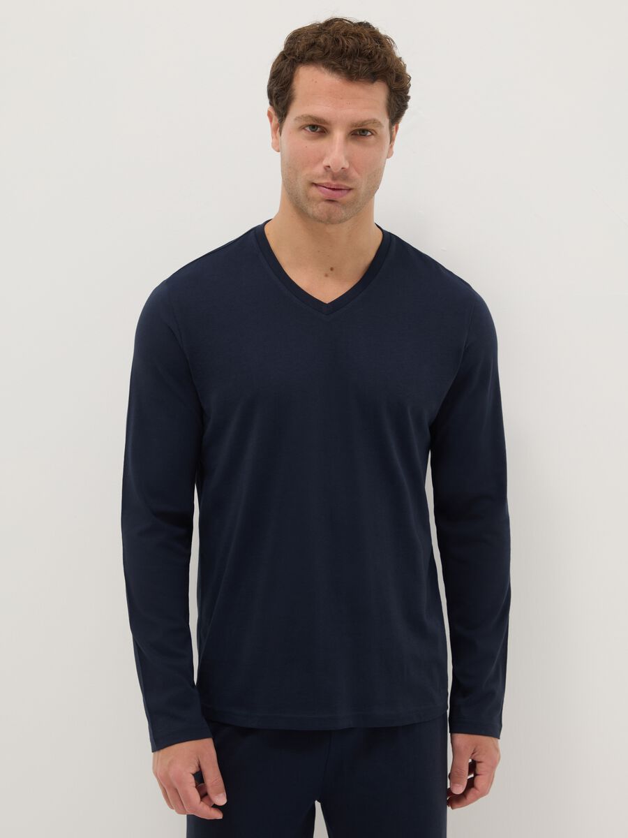 Blue long sleeve pyjamas with V-neck made of pure cotton, regular fit_1