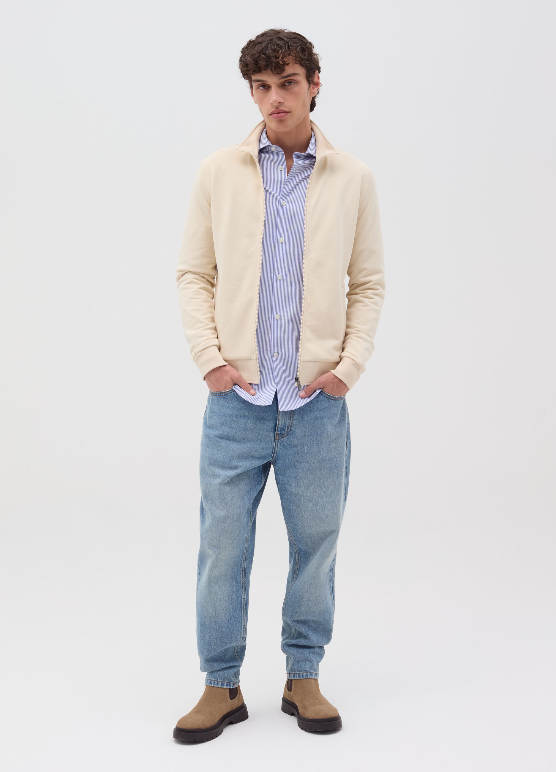 Full-zip sweatshirt in French terry with high neck