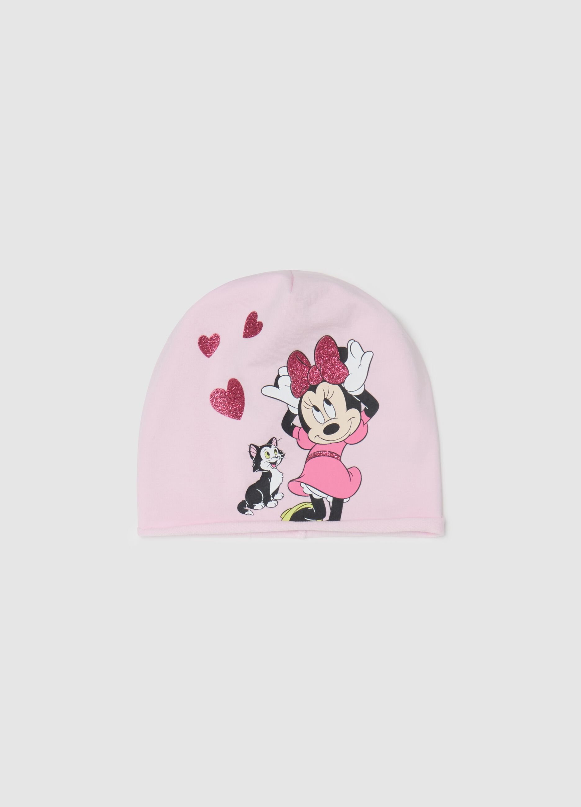 Berretto con stampa glitterata Minnie e Figaro