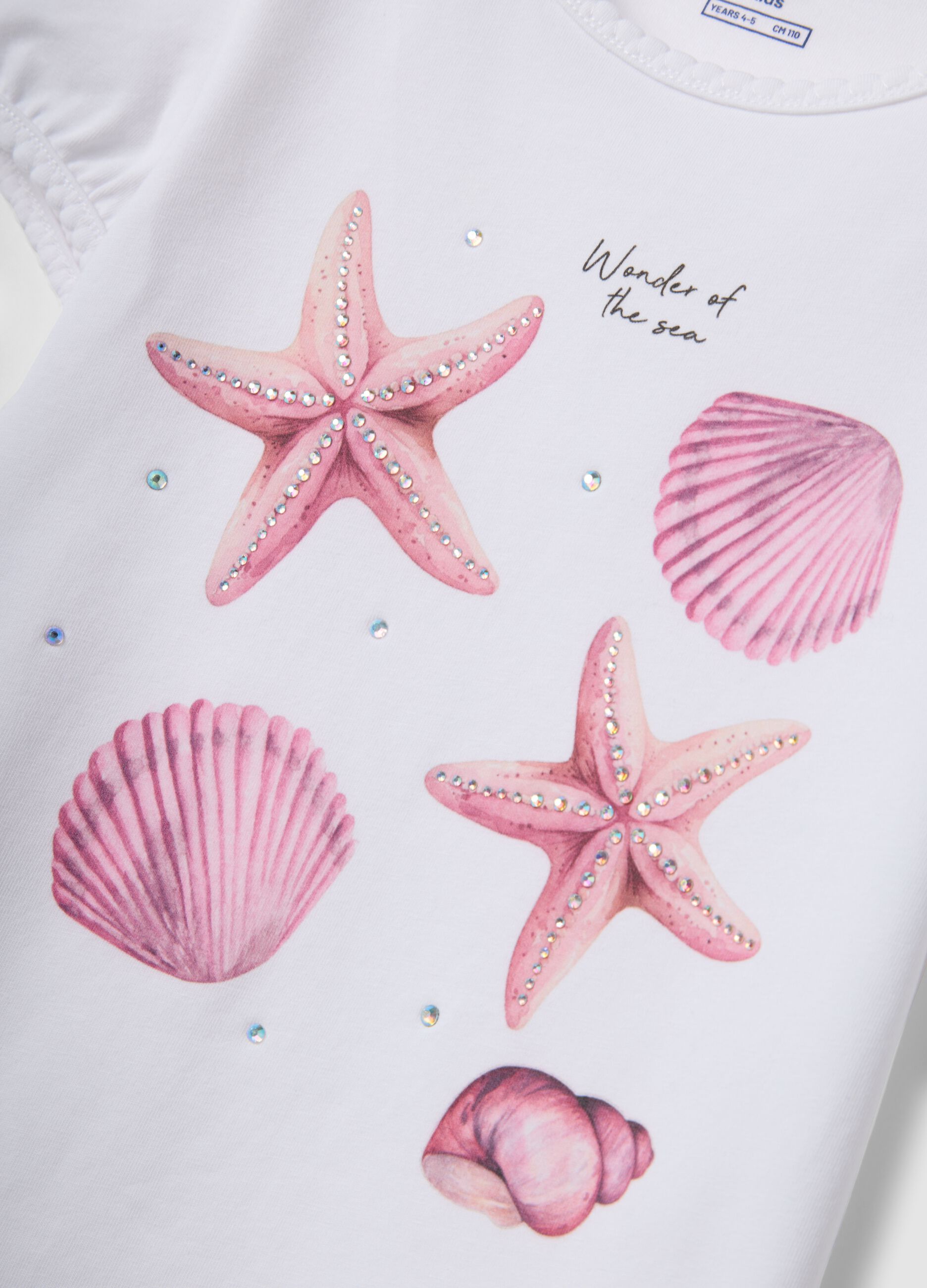 White stretch cotton T-shirt with seaside print