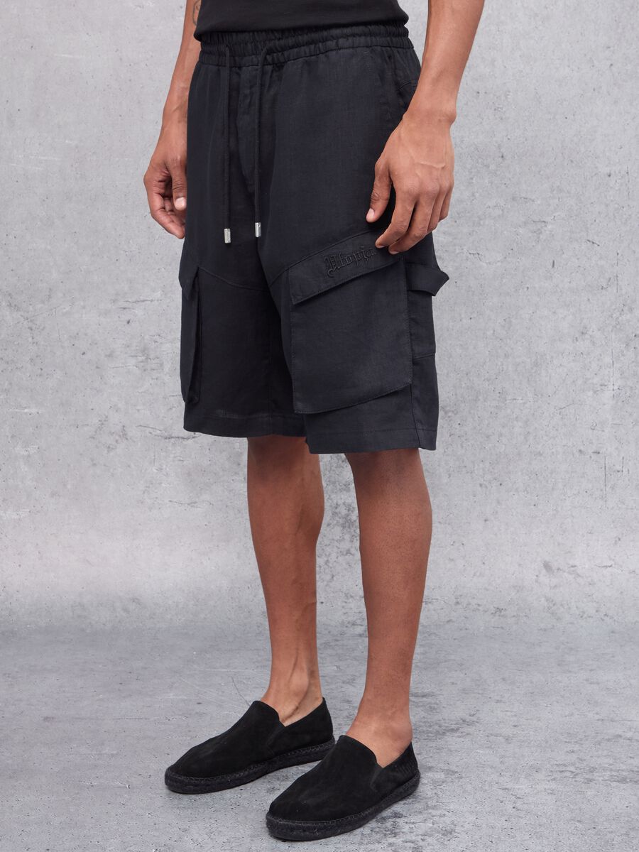 100% Linen Black Cargo Shorts_2