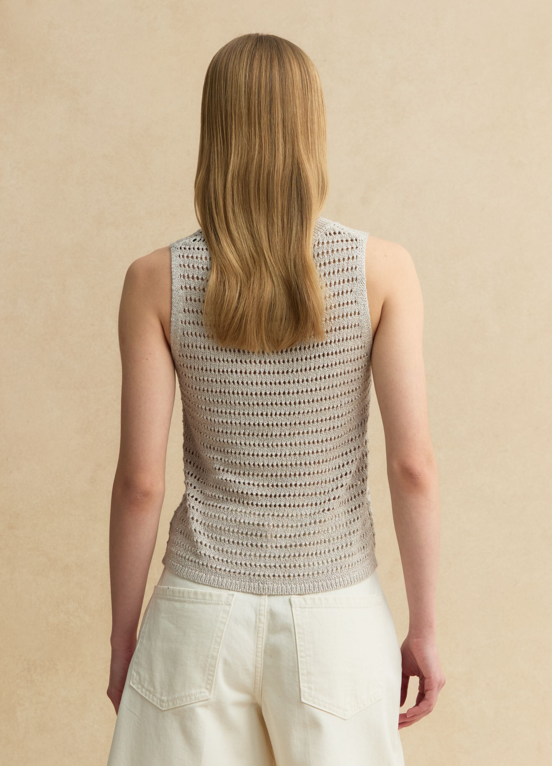 Beige open-knit viscose-blend vest top