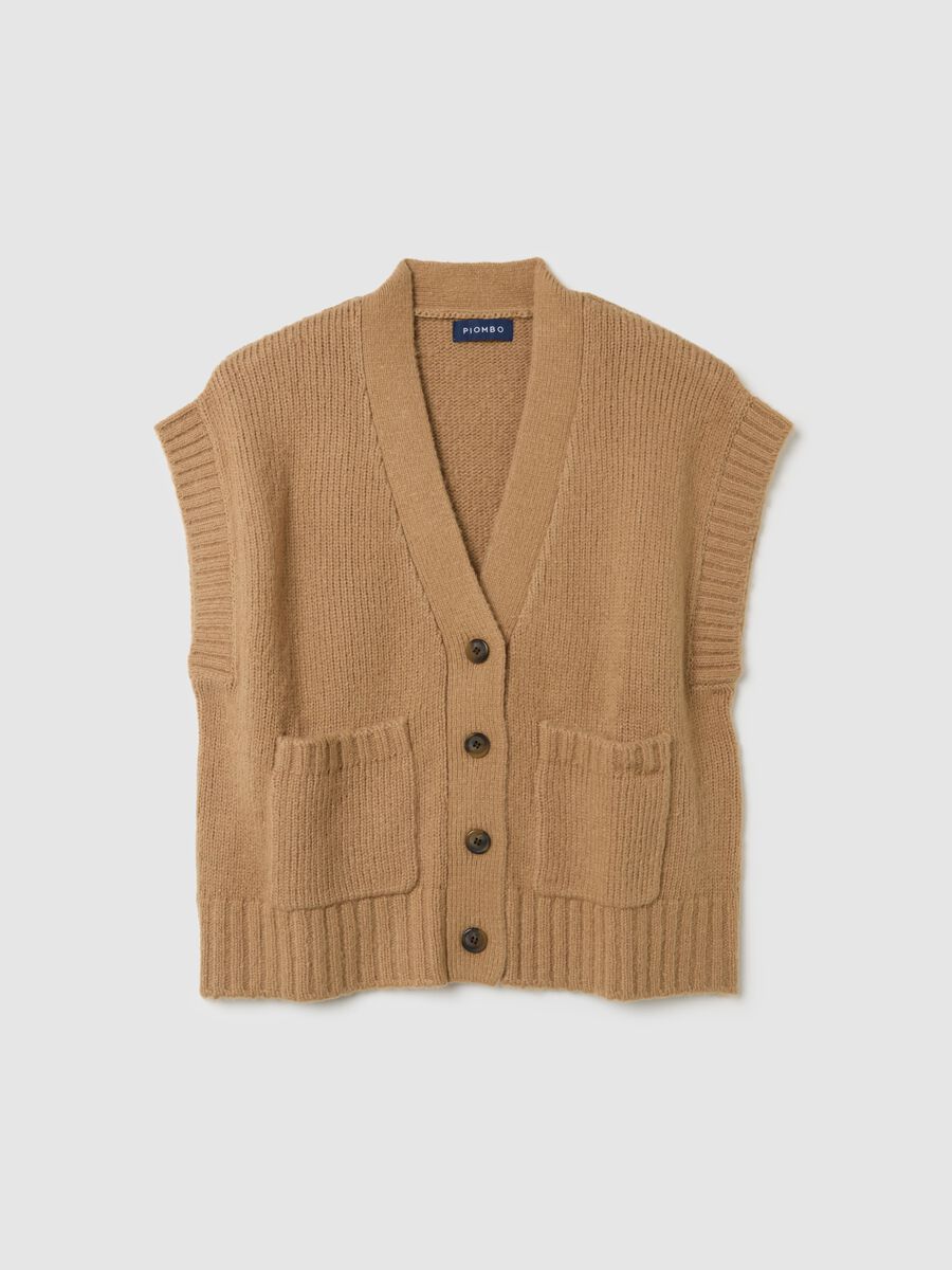 Gilet lungo marrone in misto cotone con bottoni e tasche_0