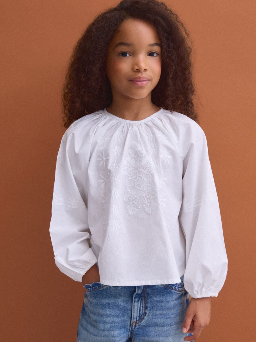 White pure cotton blouse with embroidery and gathered neckline for girls_1