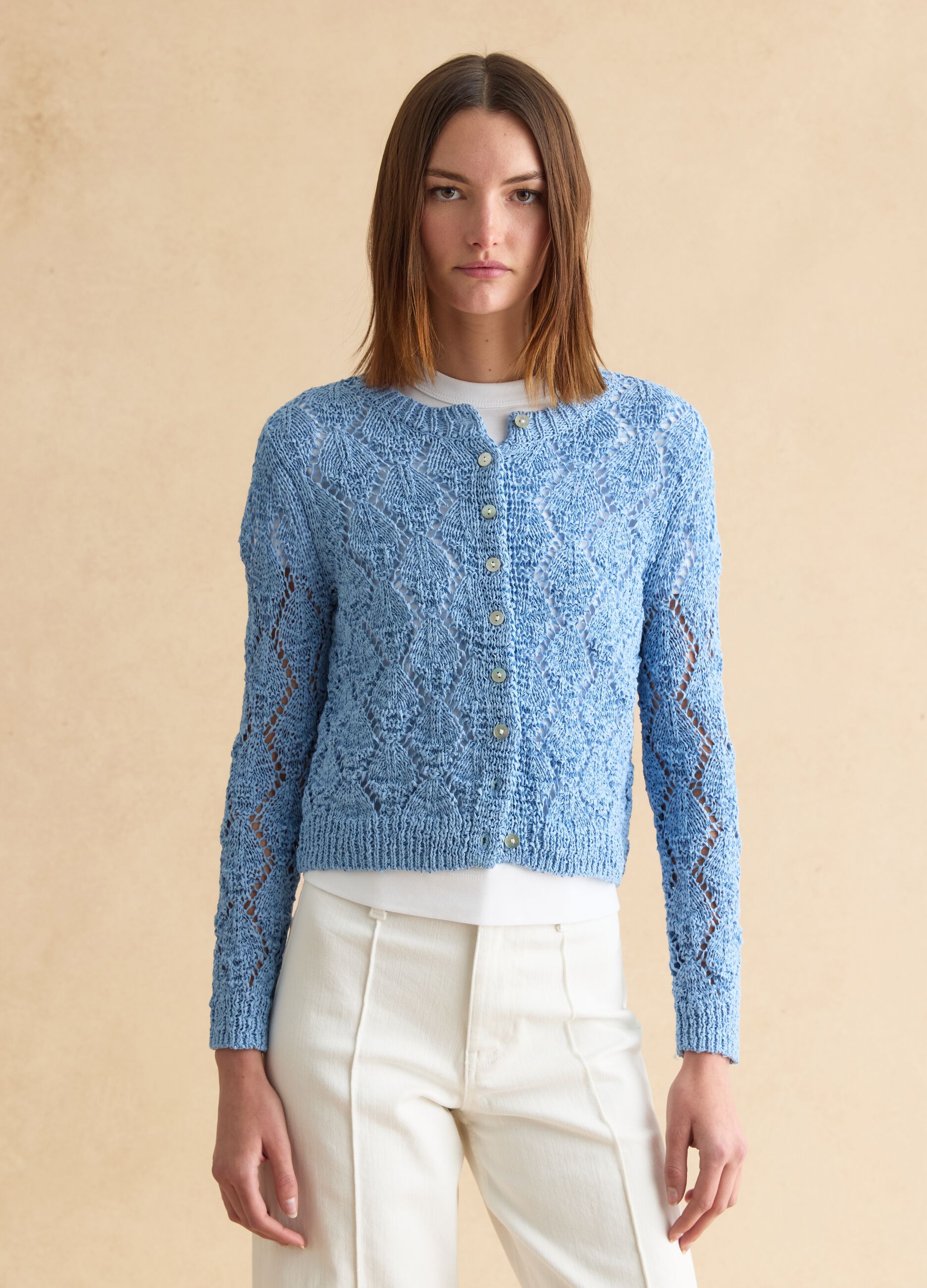 Cardigan in misto cotone azzurro regular fit con lavorazione a maglia