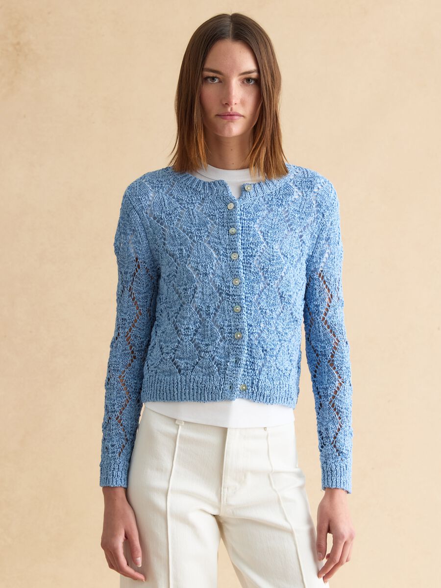 Cardigan in misto cotone azzurro regular fit con lavorazione a maglia_1