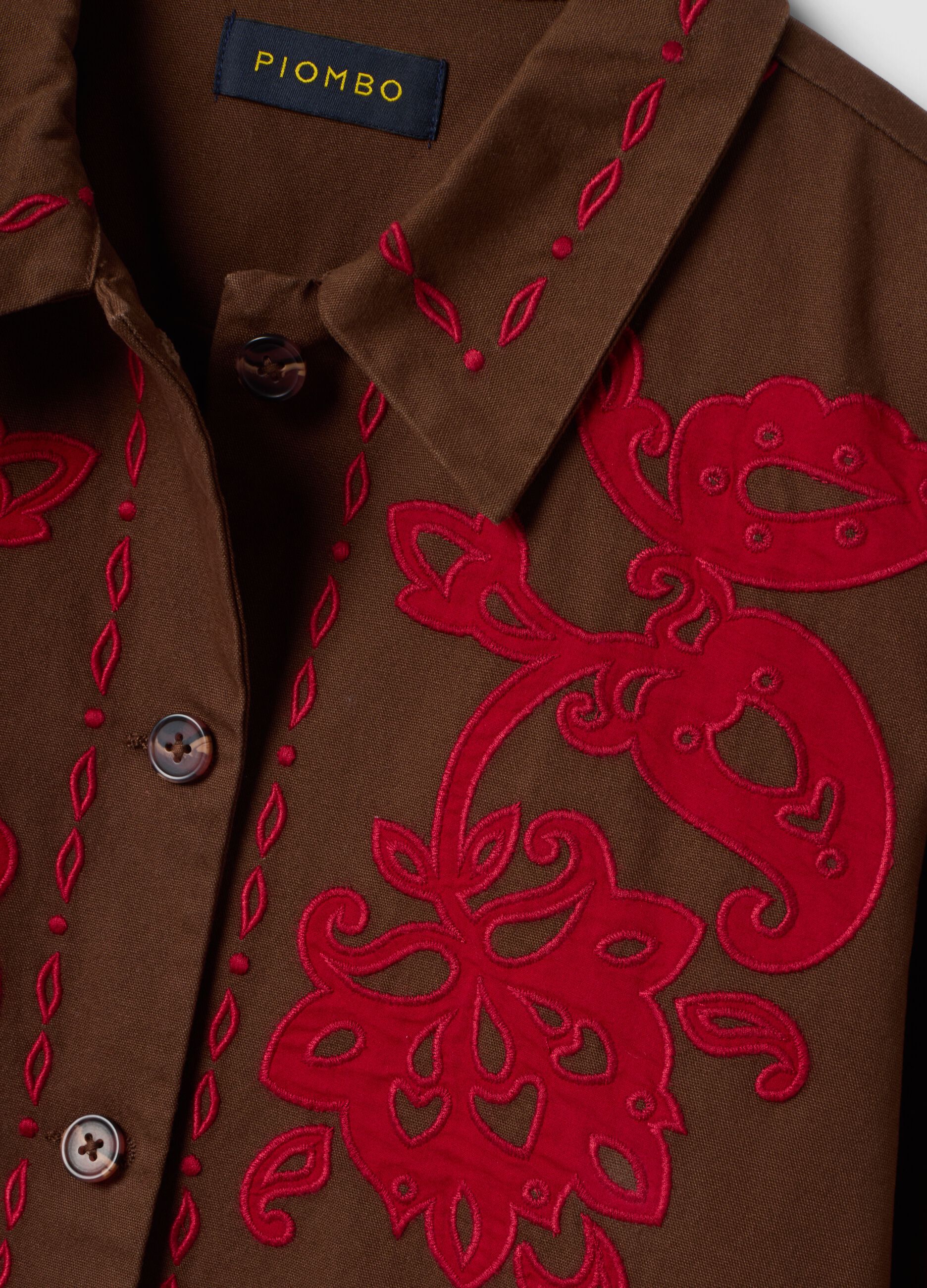 Brown pure cotton shacket with contrasting embroidery, regular fit