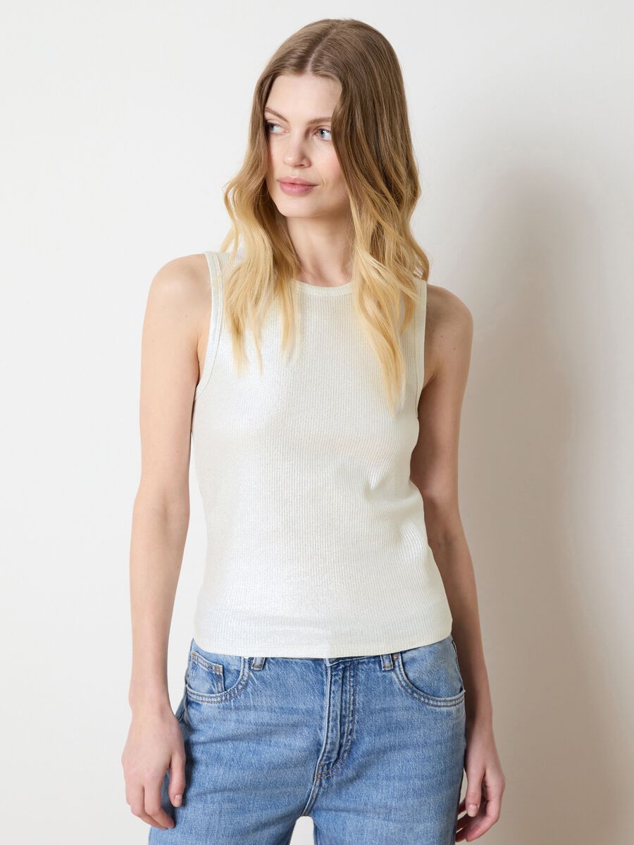 White ribbed tank top in lurex_0