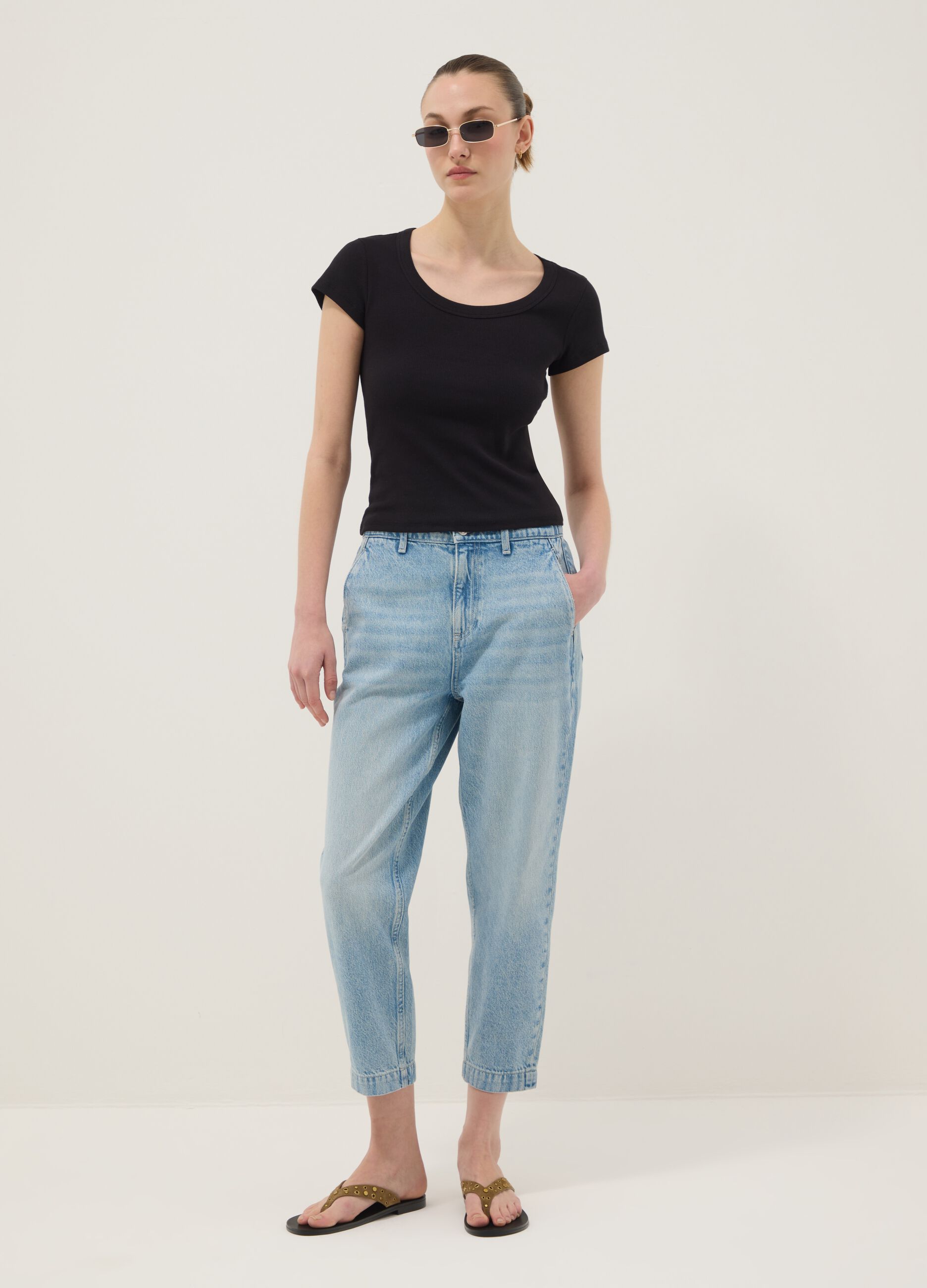 Light blue pure cotton denim carrot-fit jeans