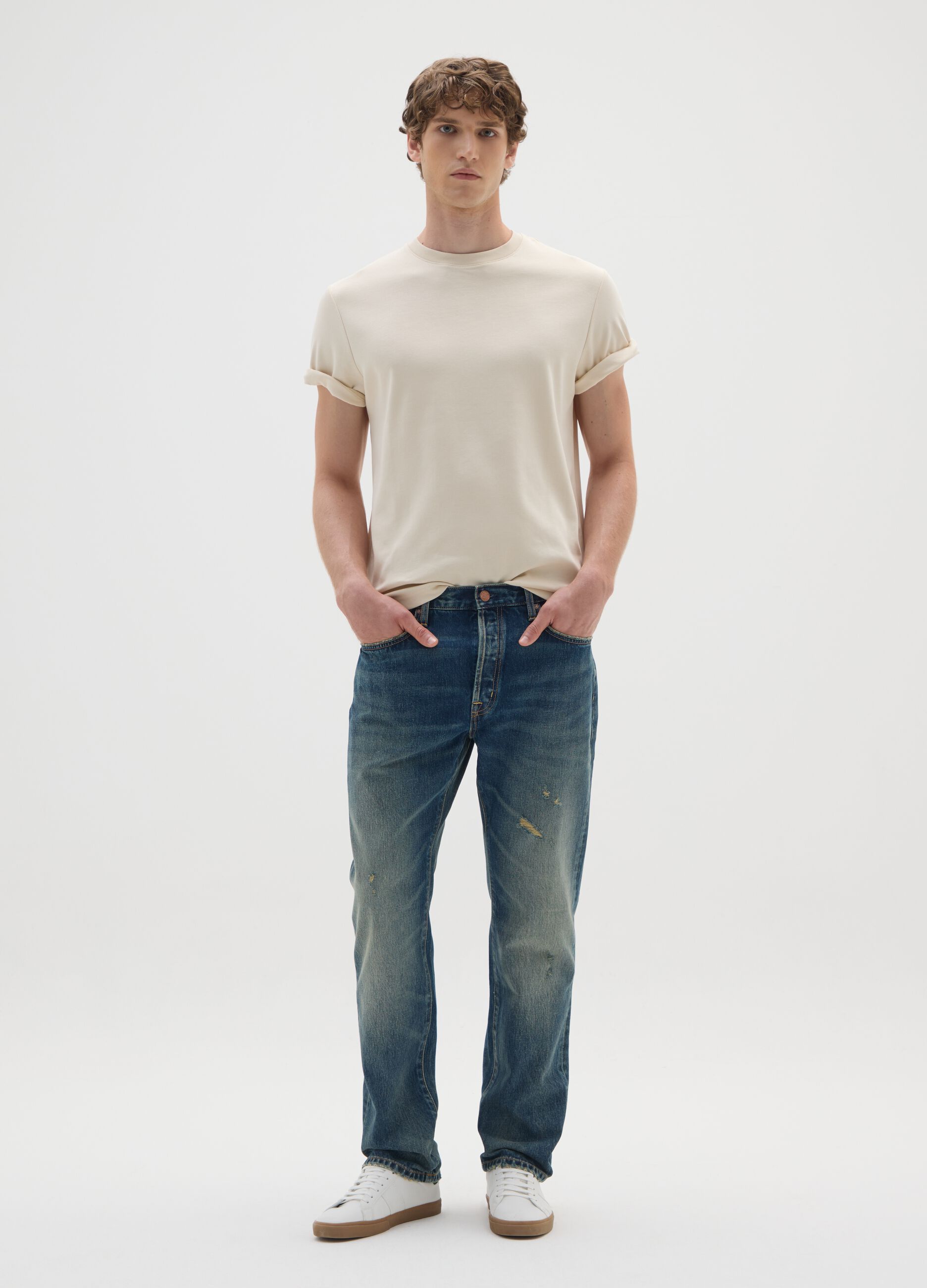 Regular fit beige pure cotton T-shirt