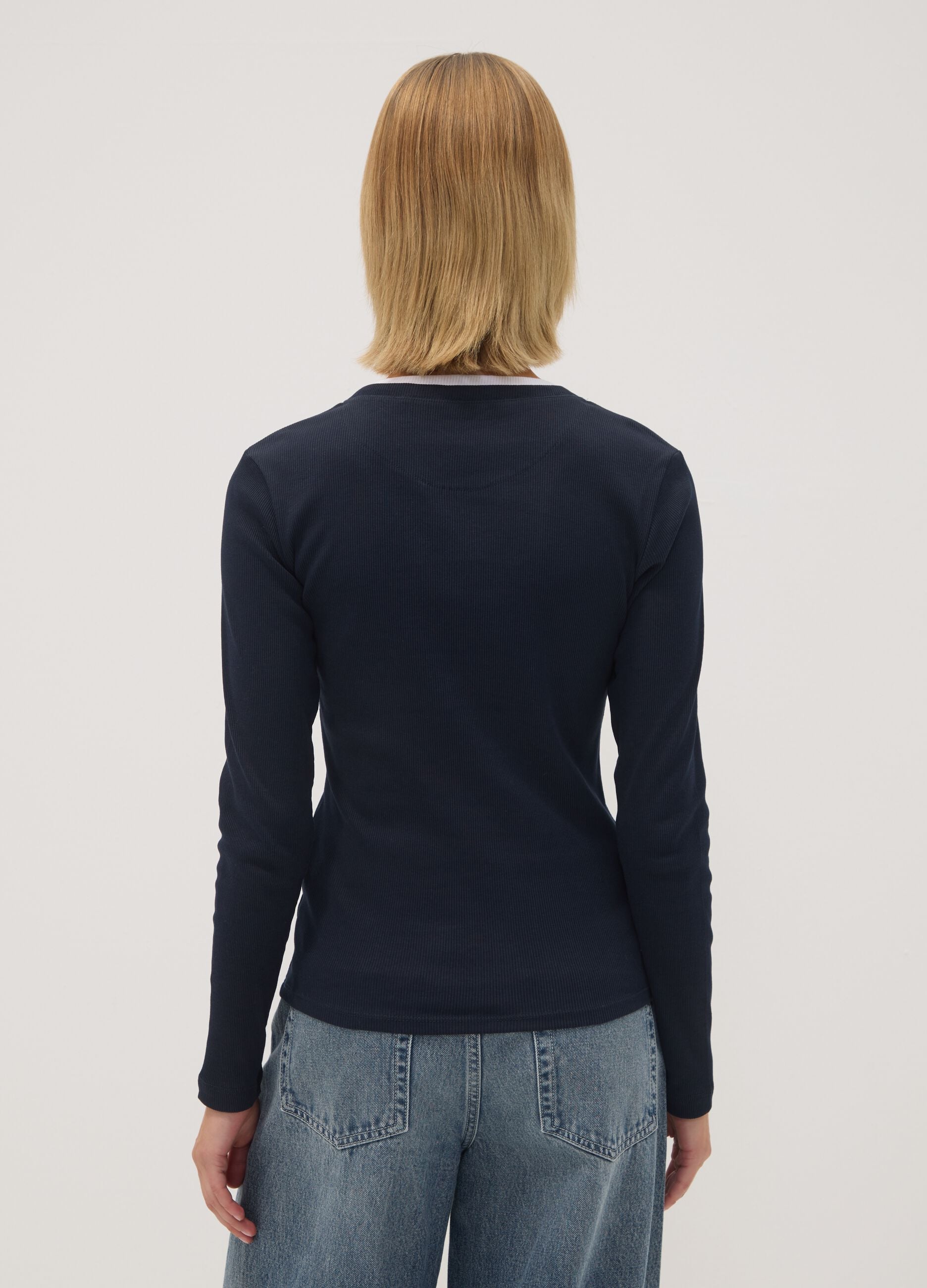 Blue long-sleeved pure cotton crew-neck T-shirt