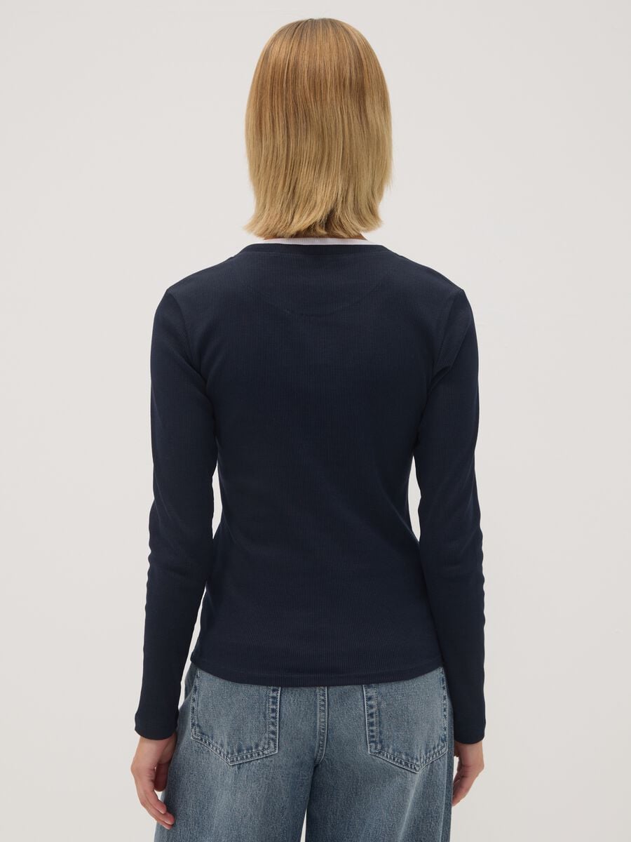 Blue long-sleeved pure cotton crew-neck T-shirt_3