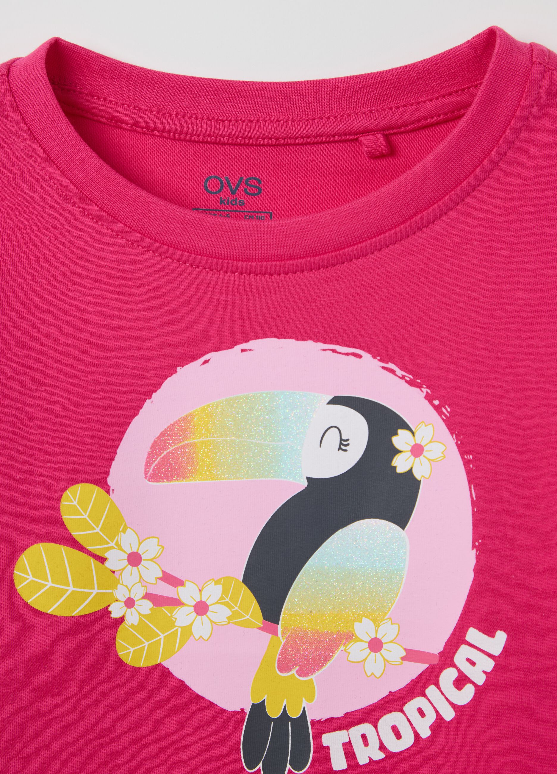 Pink cotton T-shirt with toucan print and glitter