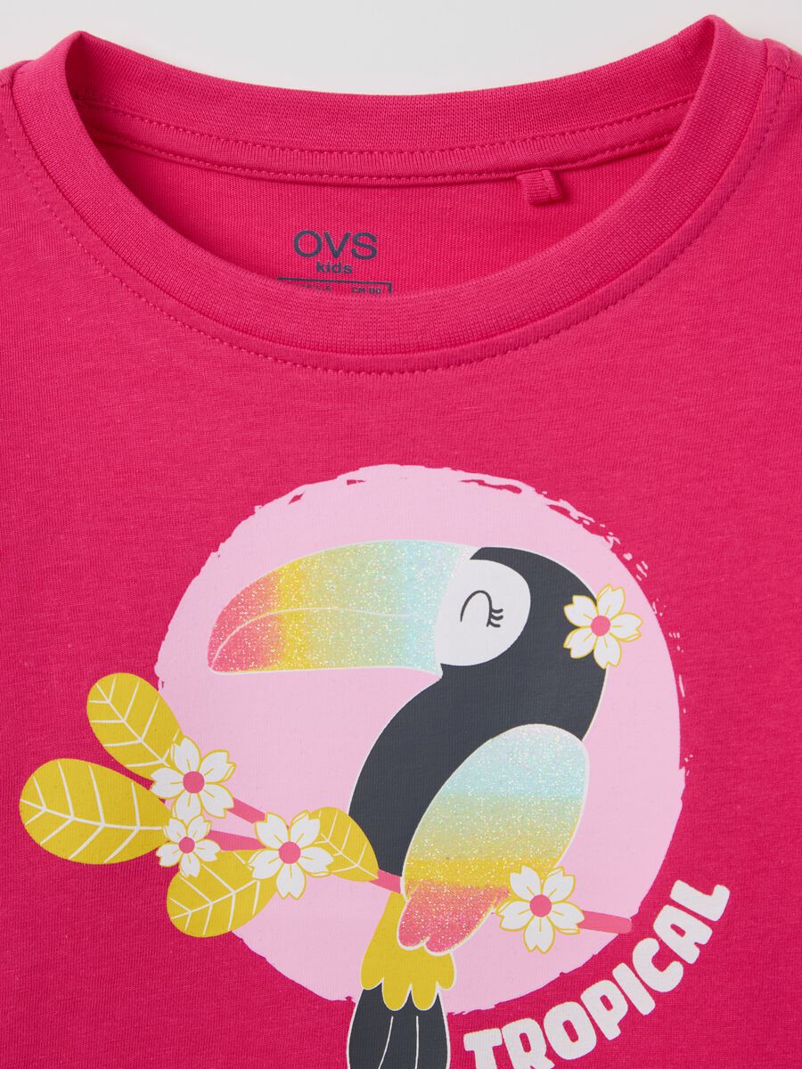 Pink cotton T-shirt with toucan print and glitter_2
