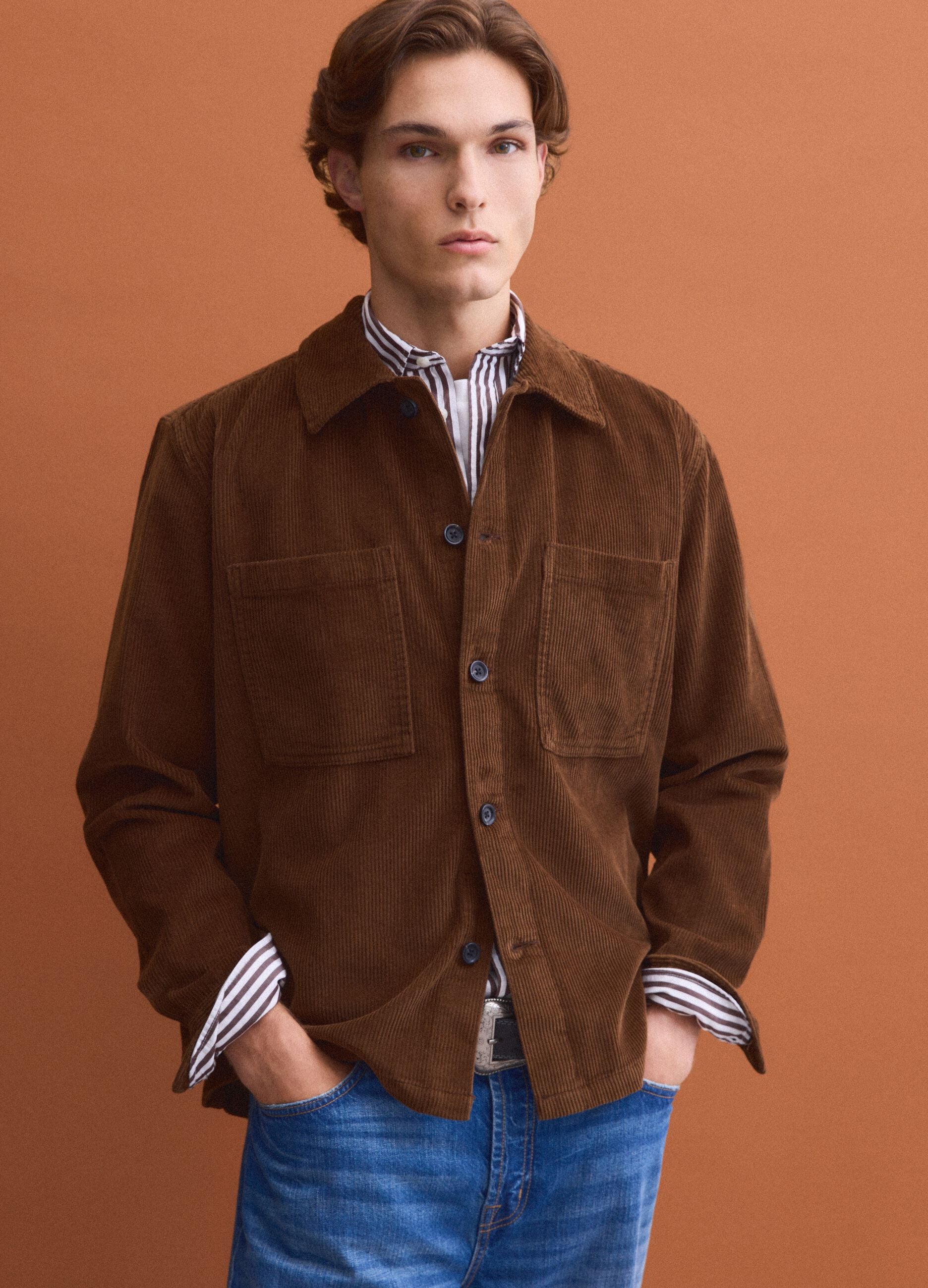 Brown ribbed pure cotton shacket with buttons