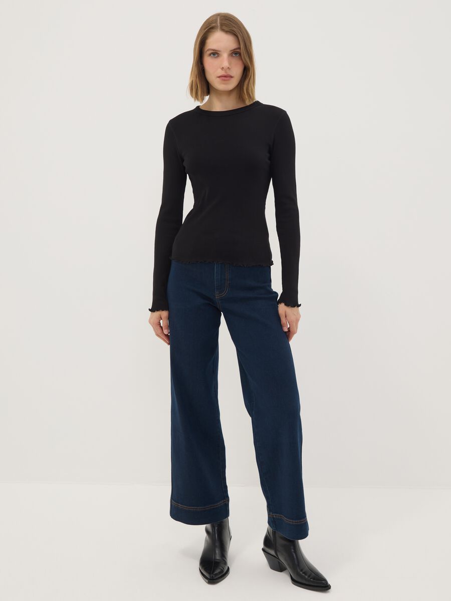 T-shirt nera in puro cotone a maniche lunghe girocollo regular fit_1